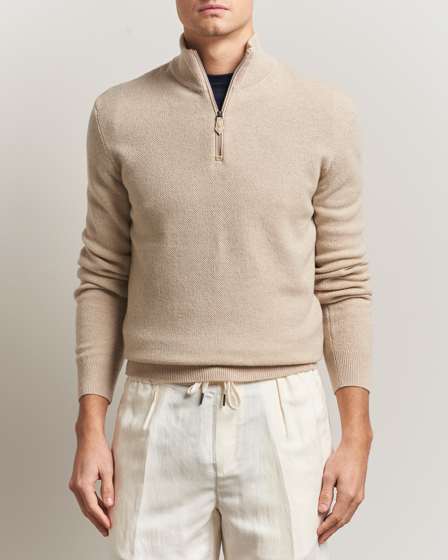 Men | Sweaters & Knitwear | Ralph Lauren Purple Label | Cashmere Birdseye Half Zip Beige