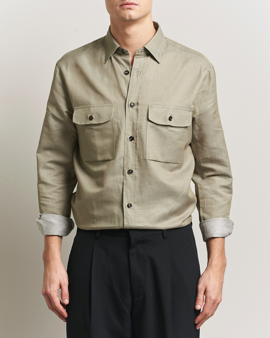 Men | Shirts | Brioni | Cotton/Linen Overshirt Olive