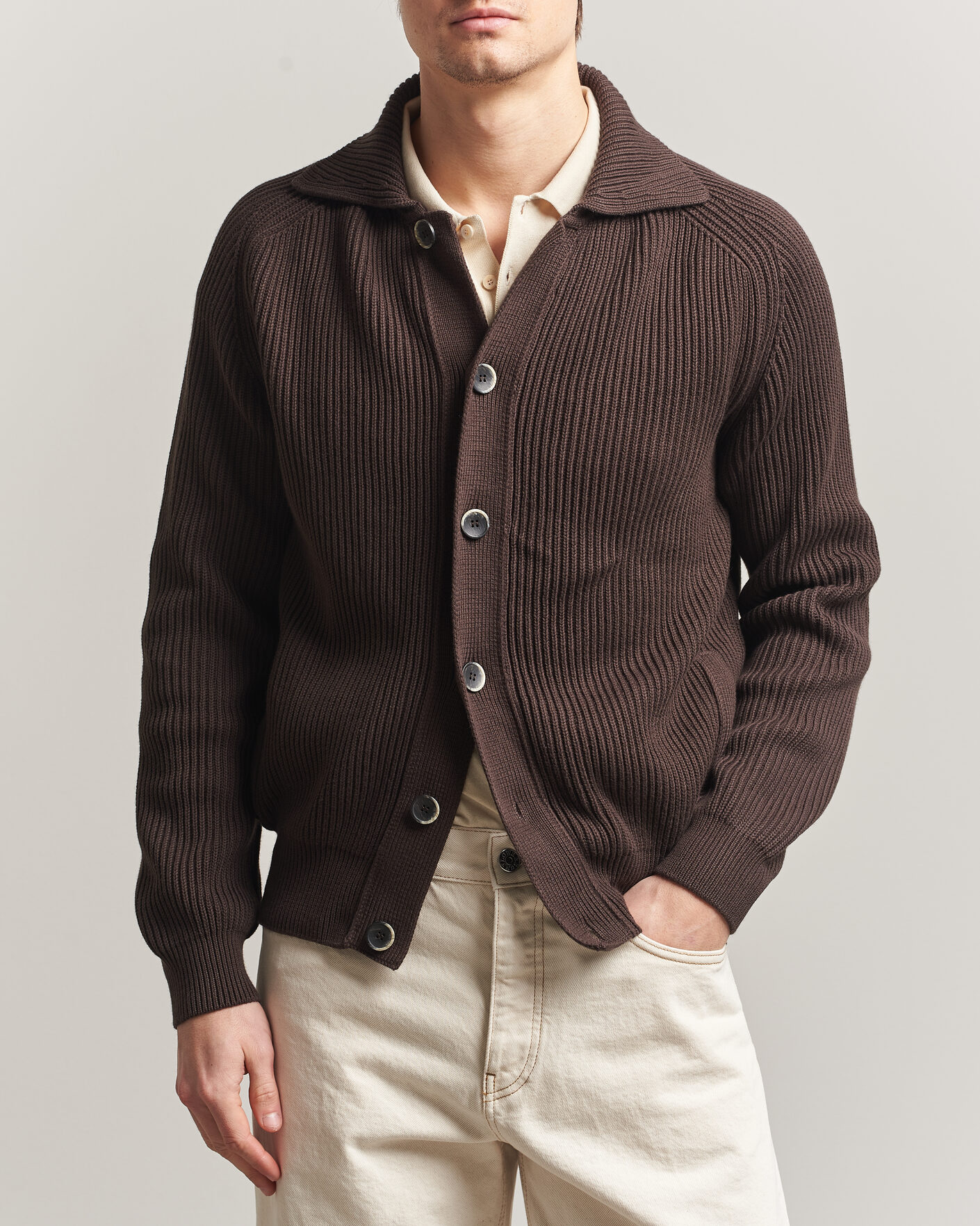 Men | Sweaters & Knitwear | Altea | Cotton Rib Cardigan Jacket Dark Brown