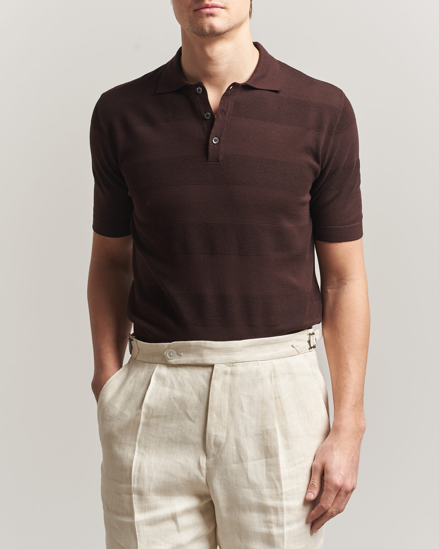 Men | Polo Shirts | Altea | Block Stripe Knitted Polo Dark Brown