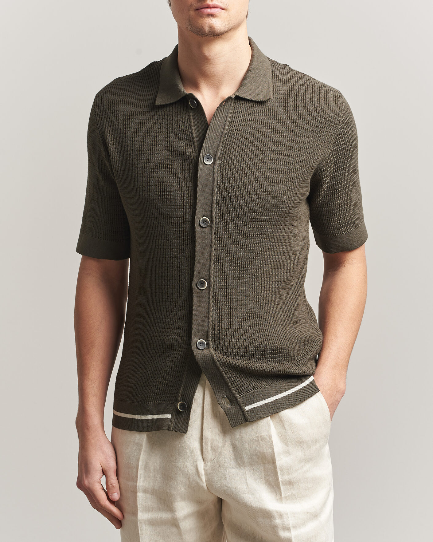 Men | Shirts | Altea | Bamboo Stitch Knitted Camp Shirt Dark Green