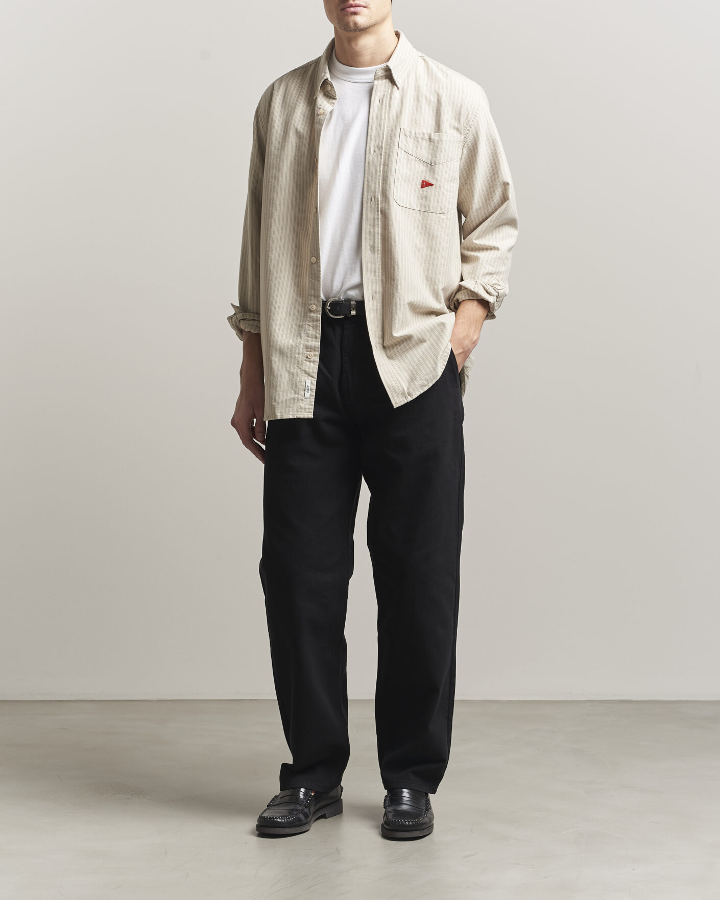 Men | Shirts | Forét | Flag Regular Fit Pocket Oxford Shirt Taupe Stripe