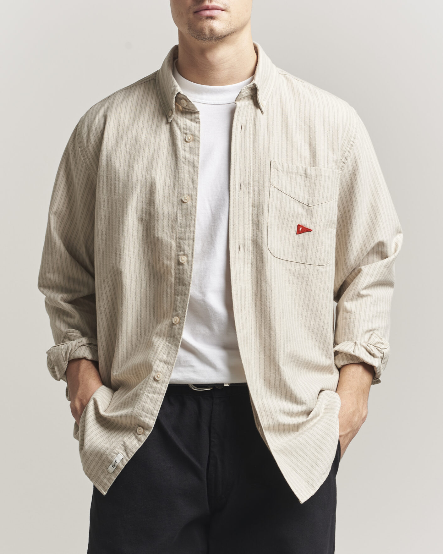 Forét Flag Regular Fit Pocket Oxford Shirt Taupe Stripe at