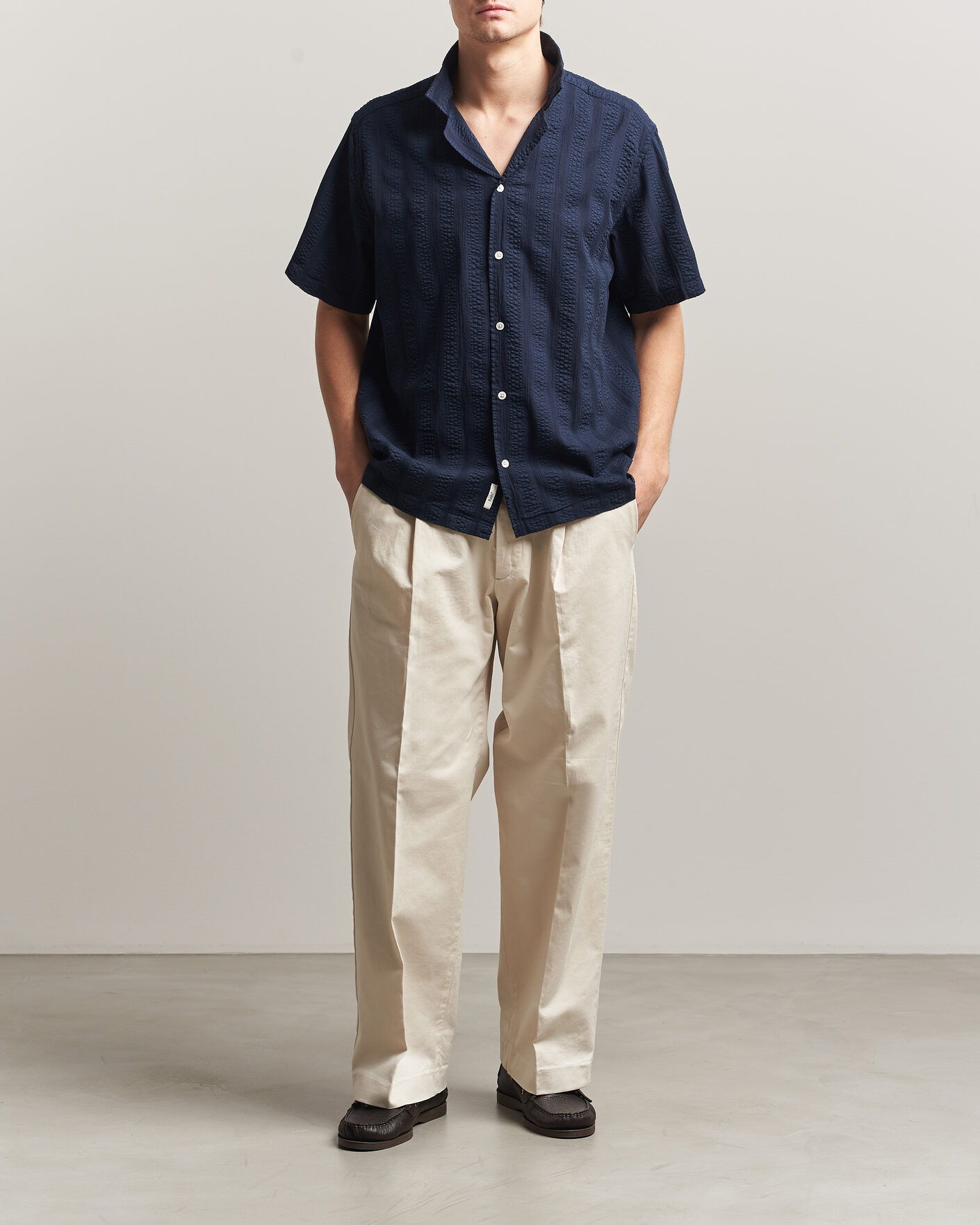 Men | Shirts | Forét | Peer Jacquard Stripe Regular Fit SS Shirt Navy