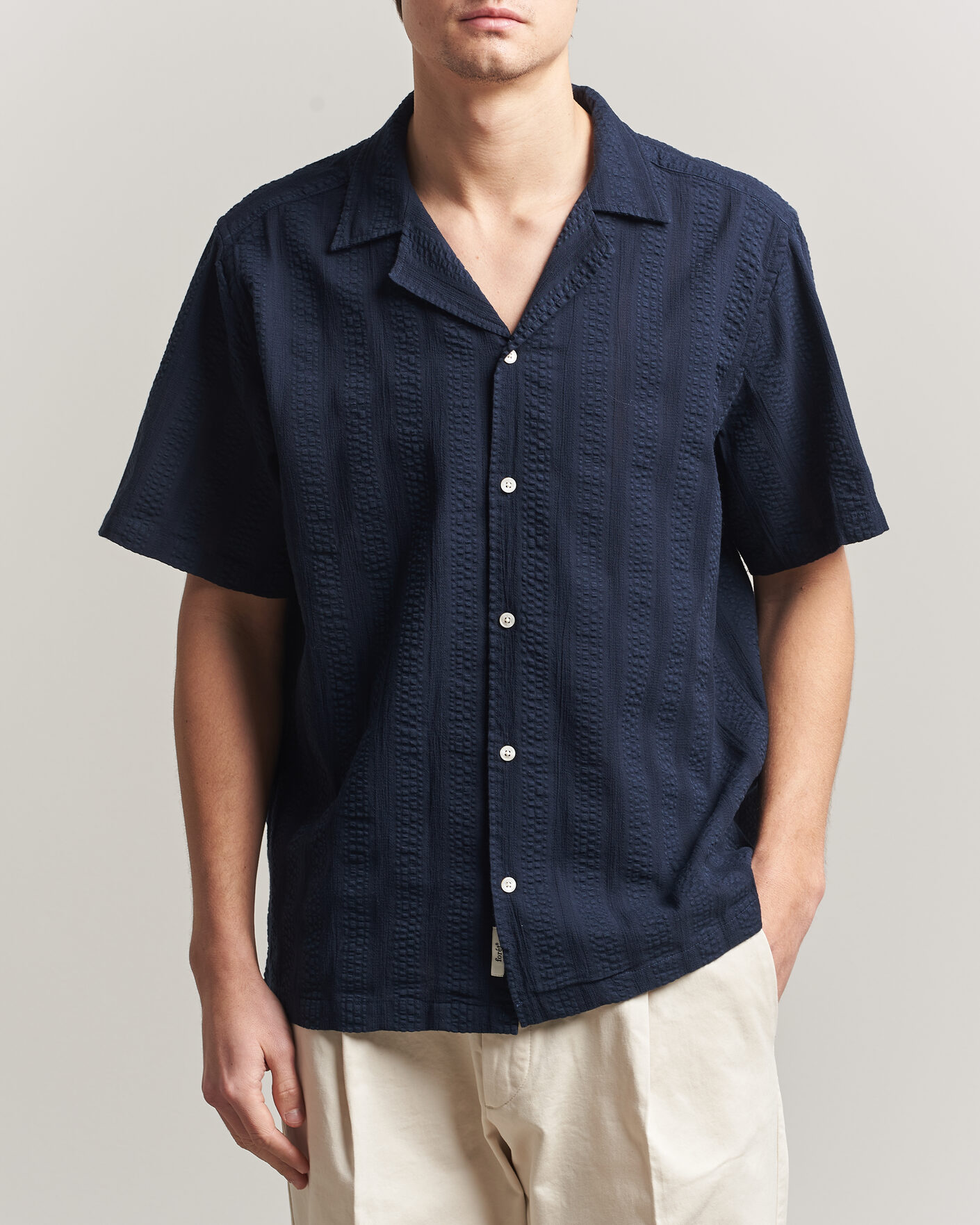 Forét Peer Jacquard Stripe Regular Fit SS Shirt Navy at CareOfCarl.com