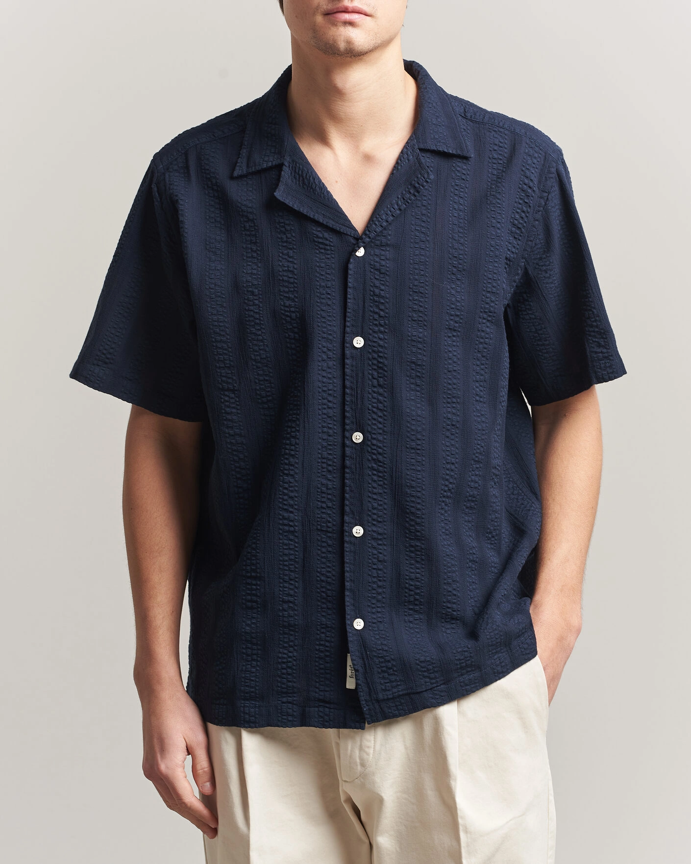 Men | Shirts | Forét | Peer Jacquard Stripe Regular Fit SS Shirt Navy