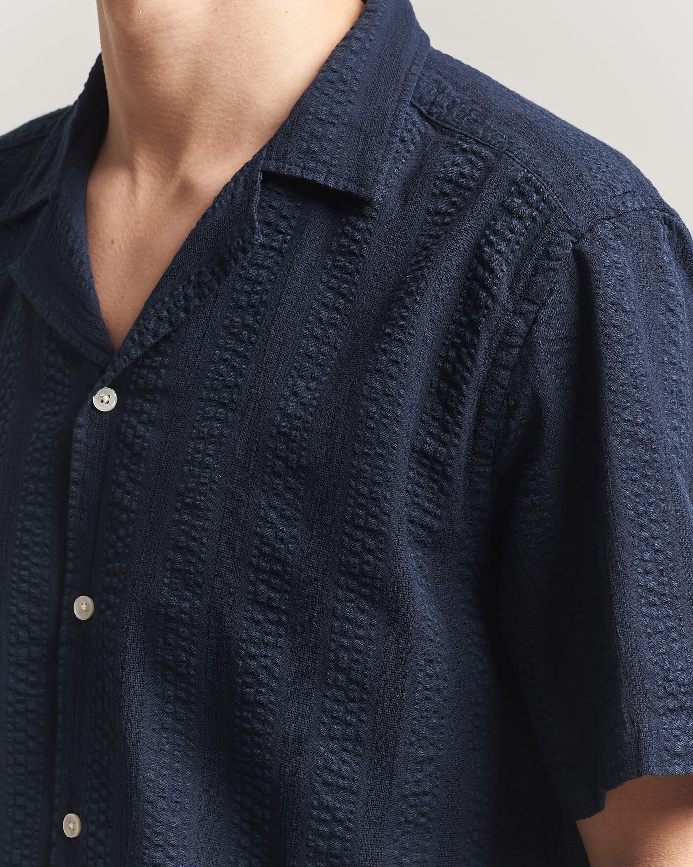 Forét Peer Jacquard Stripe Regular Fit SS Shirt Navy at CareOfCarl.com