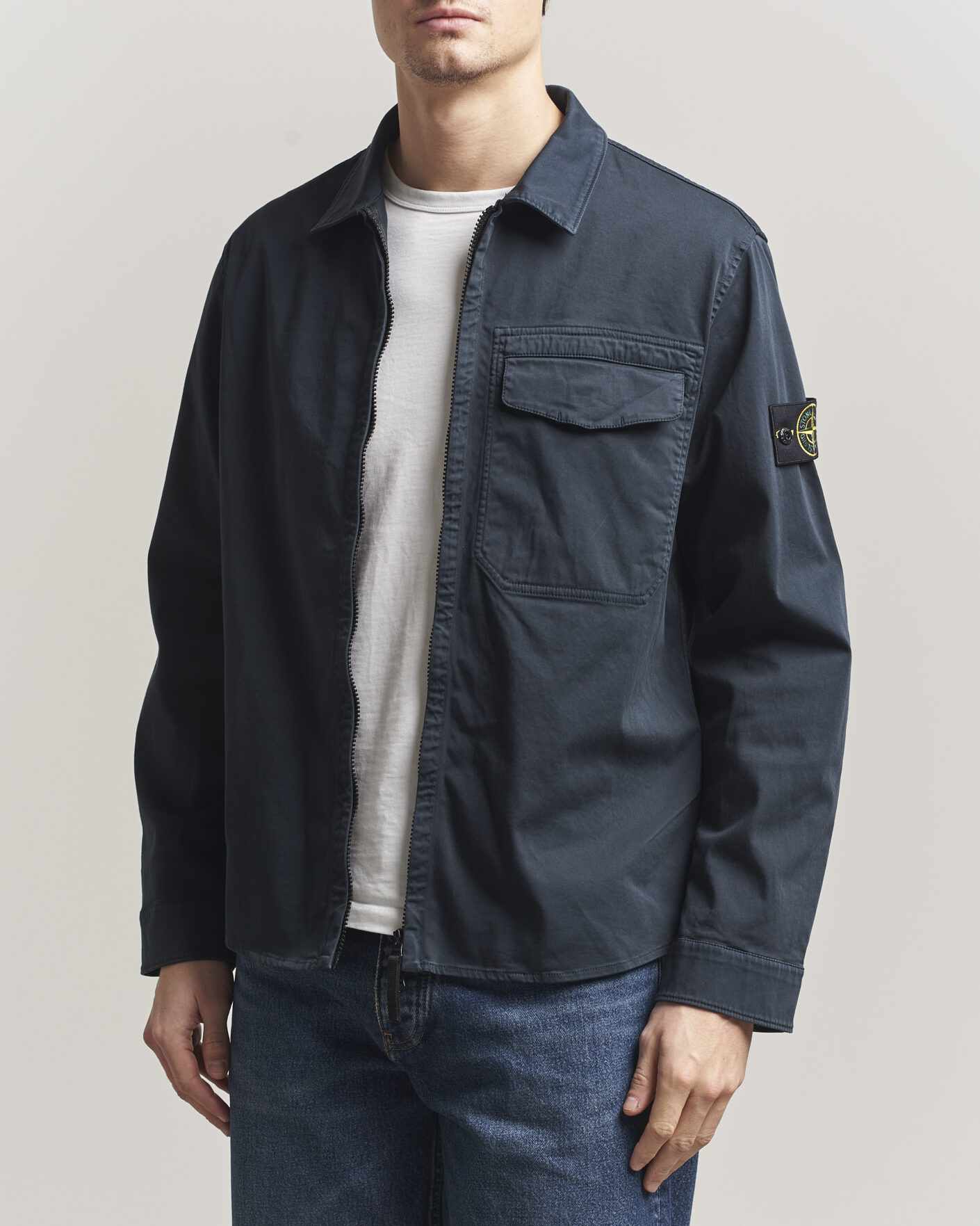 Stone Island Cotton Stretch Zip Overshirt Navy at CareOfCarl.com