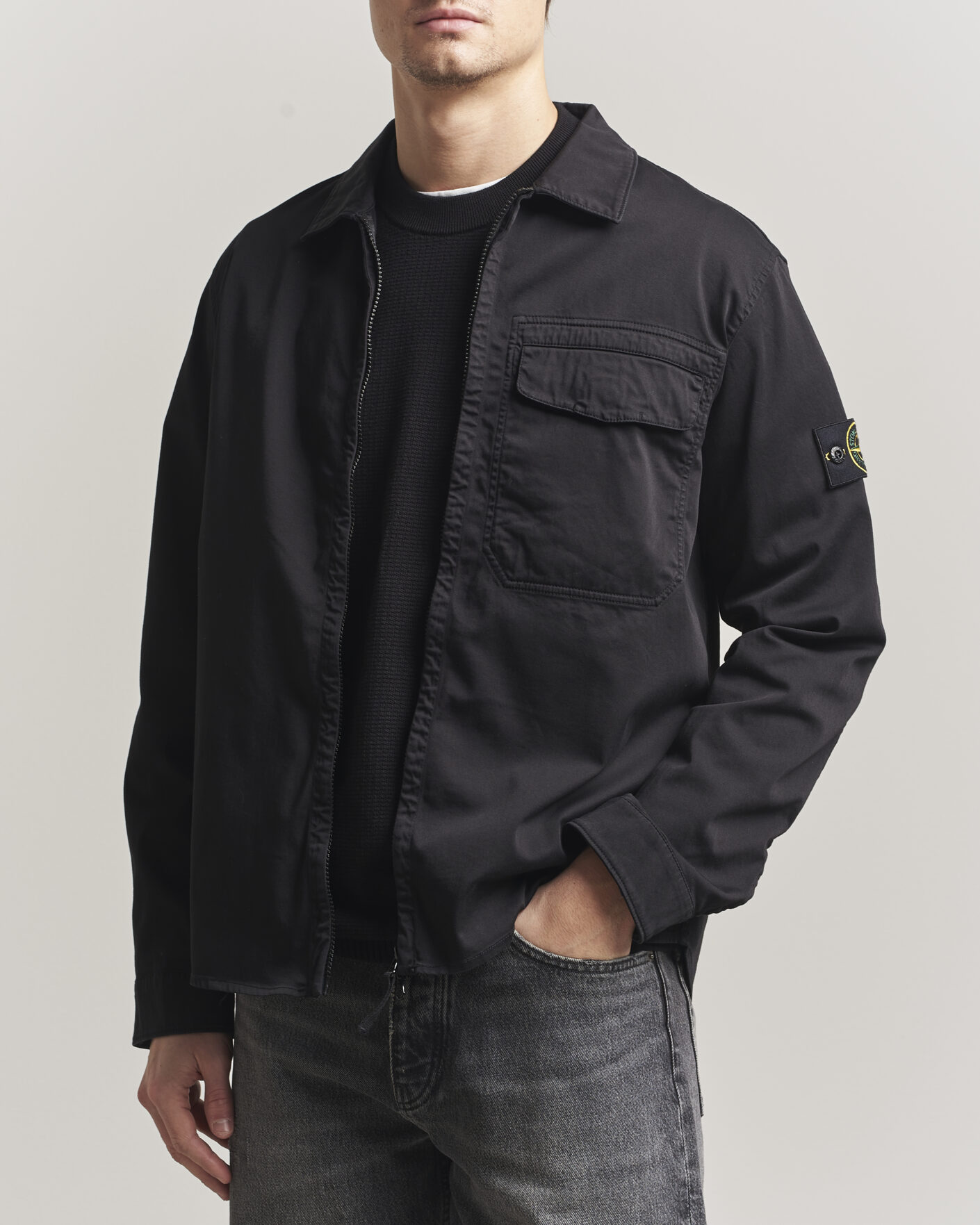 Stone Island Cotton Stretch Zip Overshirt Black at CareOfCarl.com