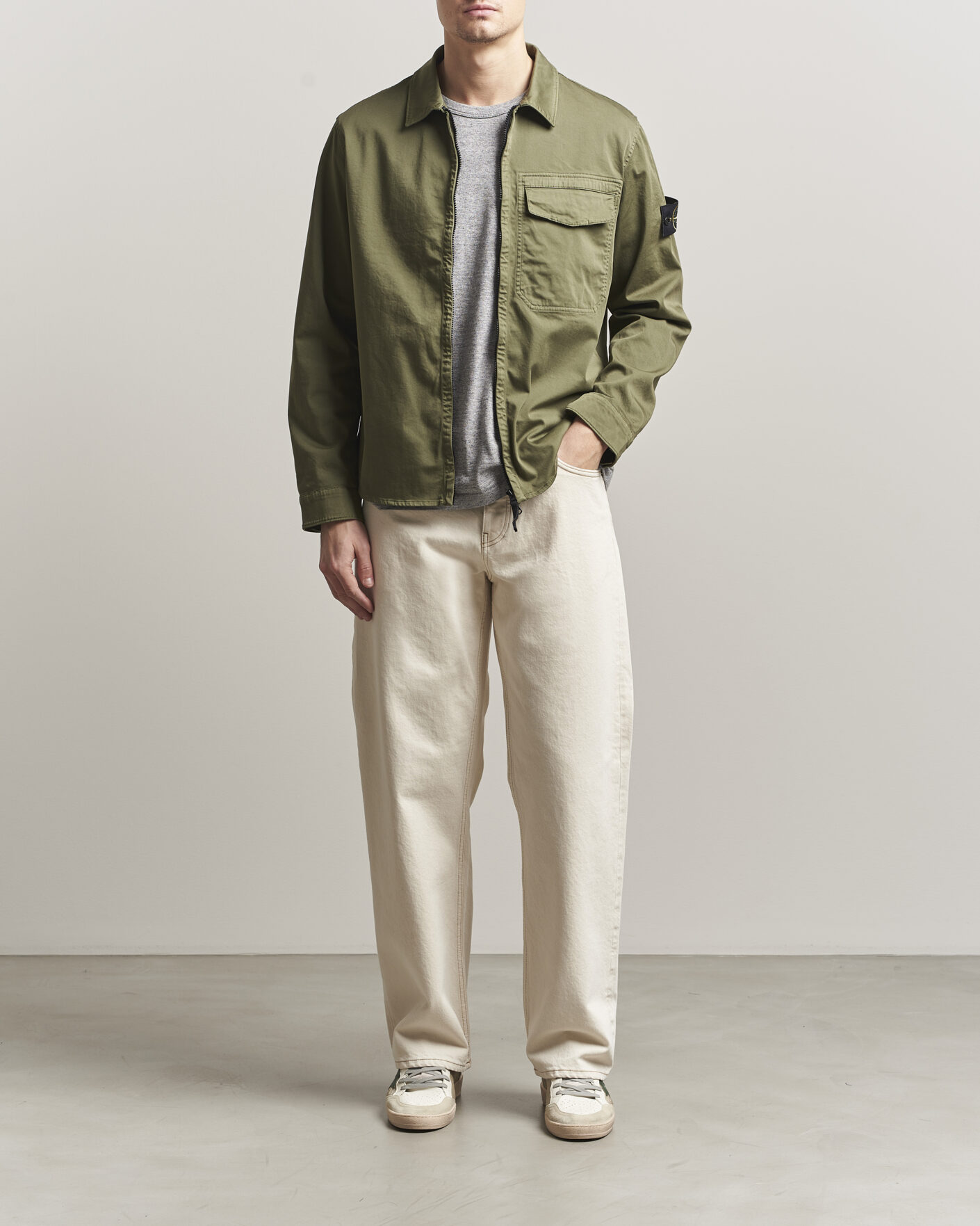 Stone Island Cotton Stretch Zip Overshirt Military Green at