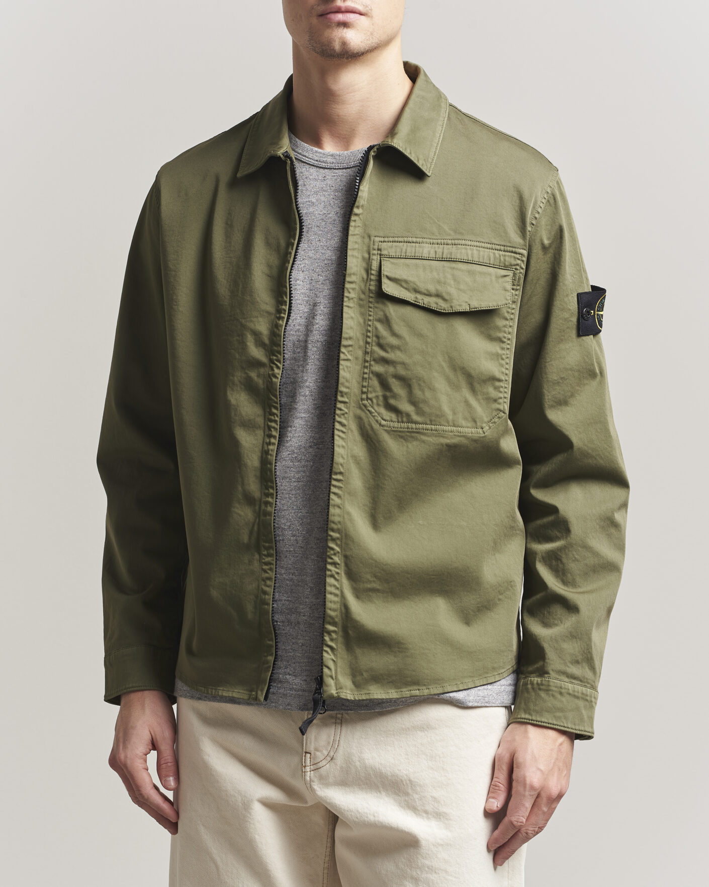 Stone Island Cotton Stretch Zip Overshirt Military Green at