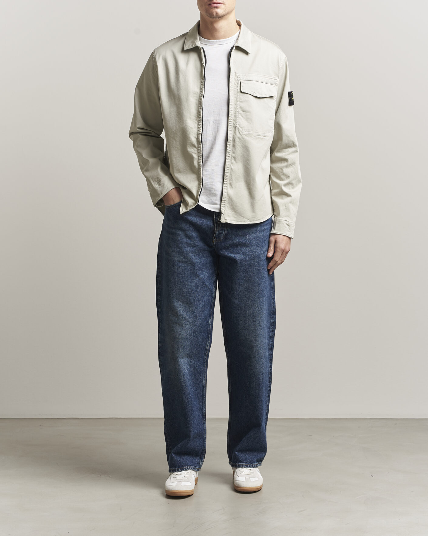 Stone Island Cotton Stretch Zip Overshirt Pearl Grey at CareOfCarl.com