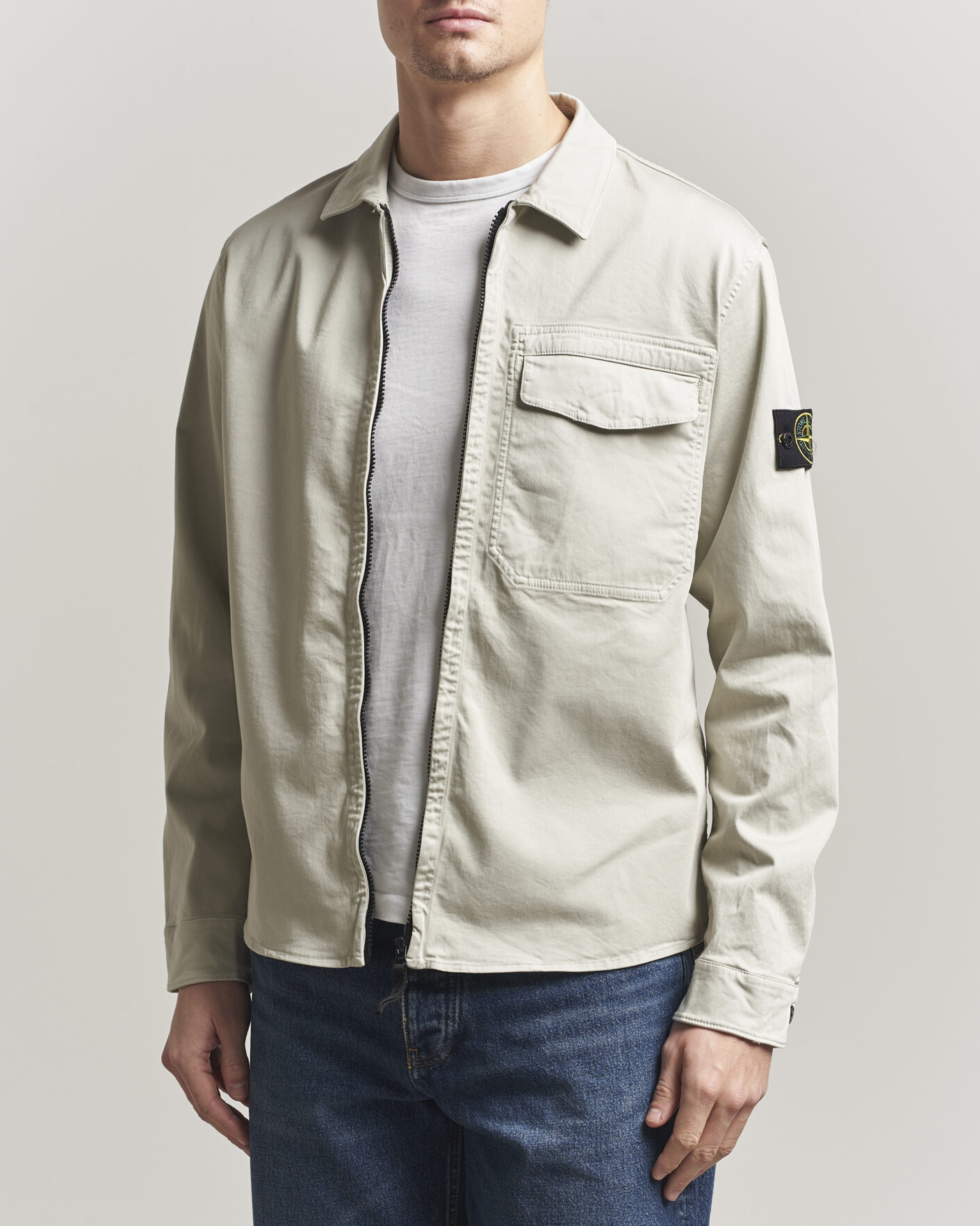 Stone Island Cotton Stretch Zip Overshirt Pearl Grey at CareOfCarl.com