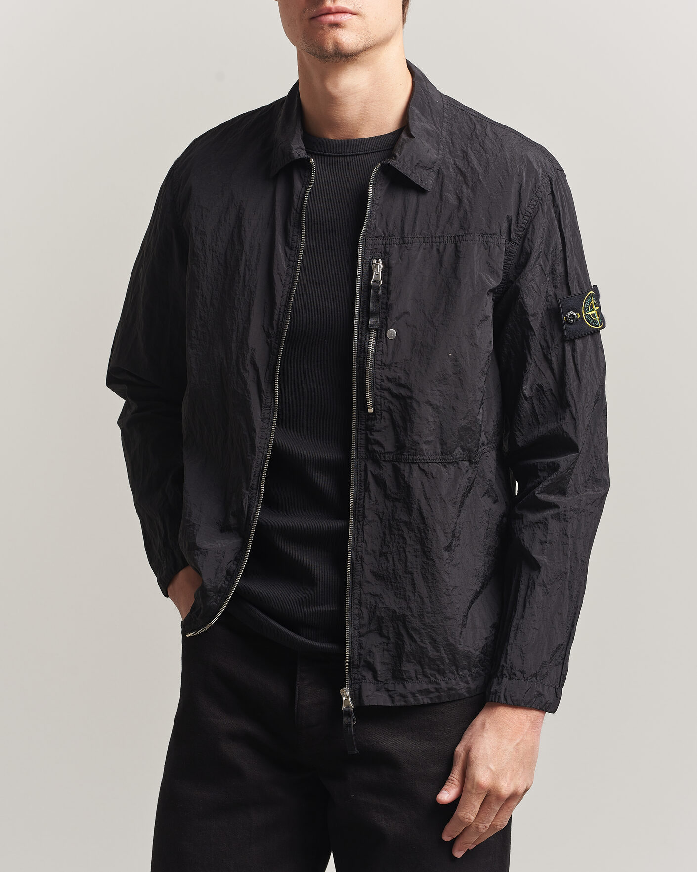 Stone Island Nylon Metal Zip Overshirt Black at CareOfCarl.com
