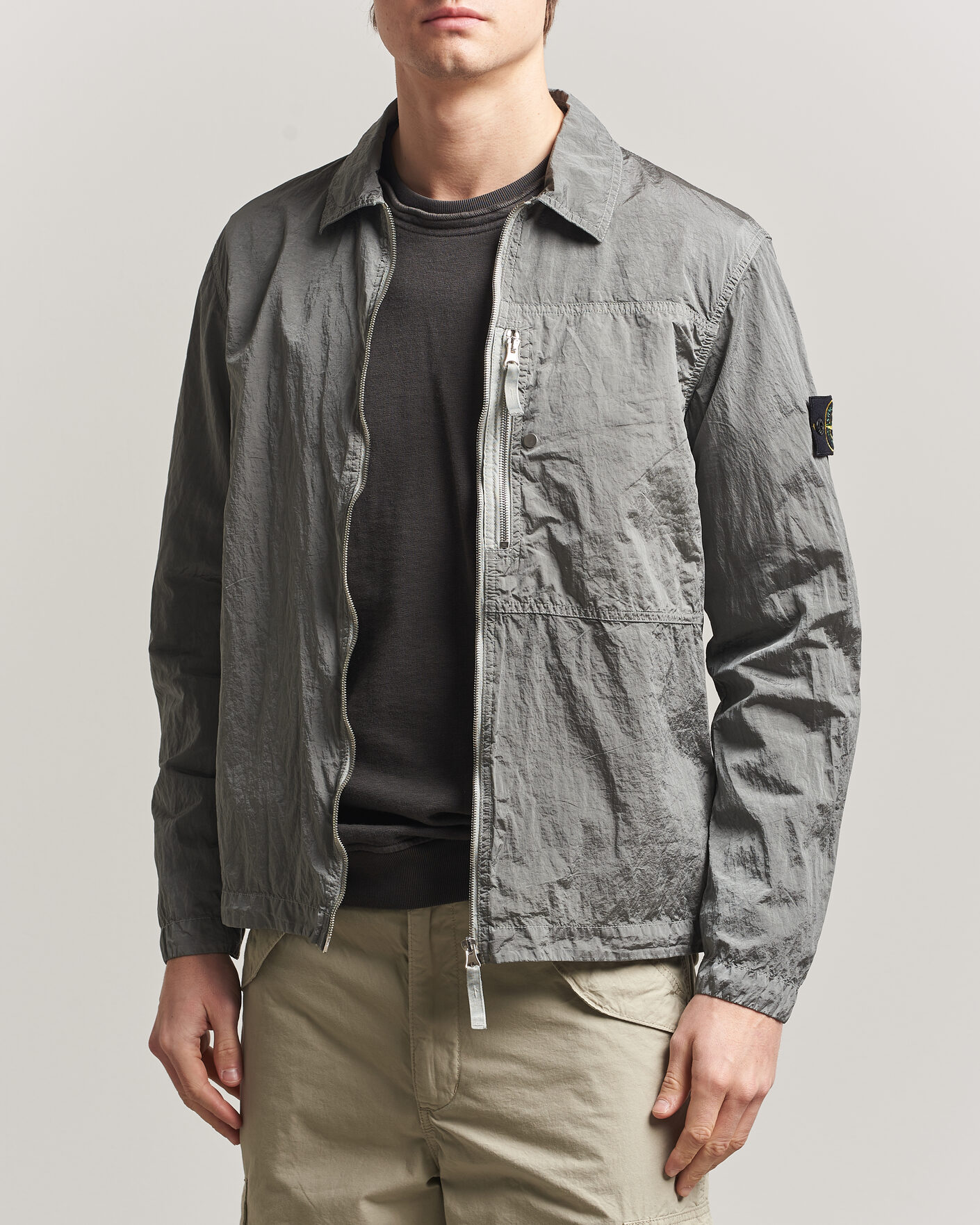 Stone Island Nylon Metal Zip Overshirt Pearl Grey at CareOfCarl.com