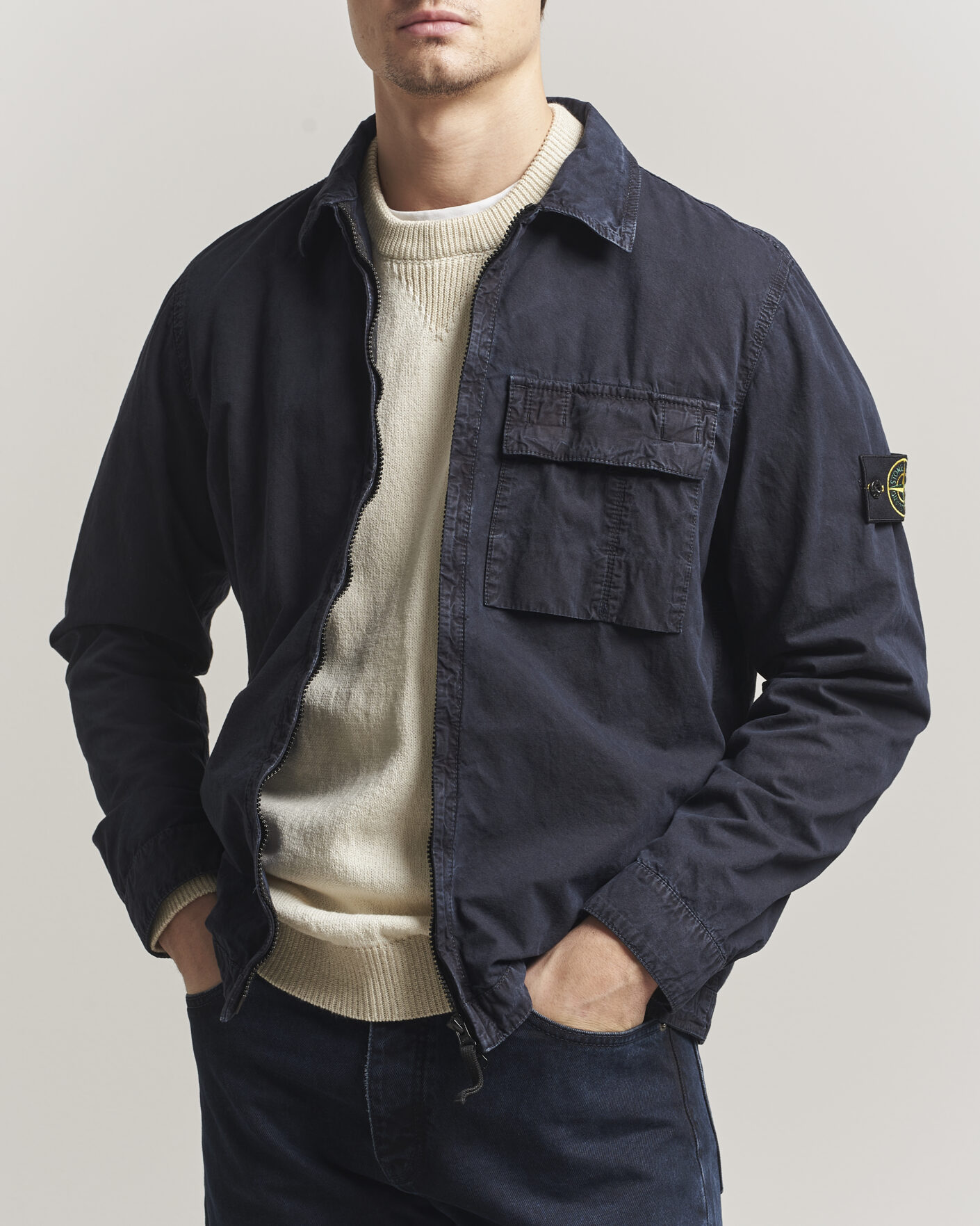 Stone Island Brushed Cotton Canvas Zip Overshirt Navy at