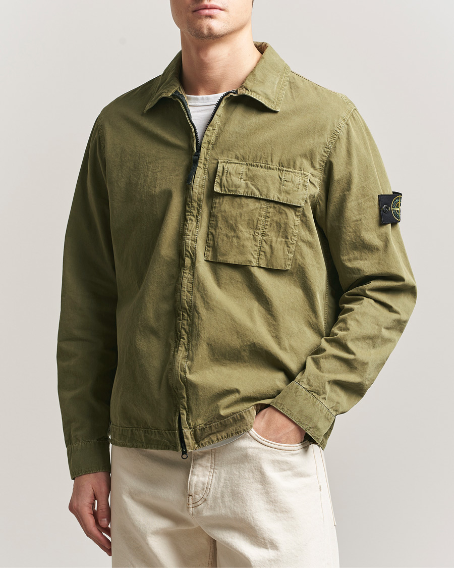 Stone Island Brushed Cotton Canvas Zip Overshirt Military Green at