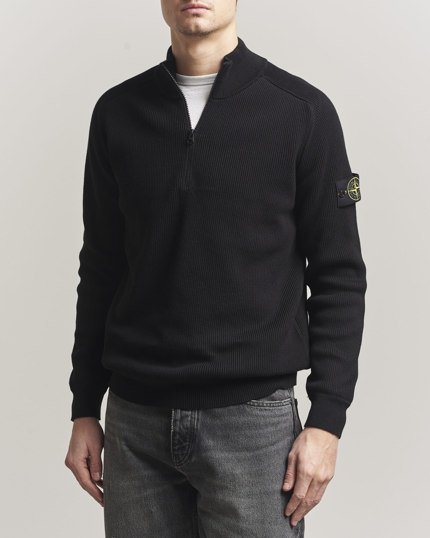 Men | Sweaters & Knitwear | Stone Island | Ribbed Soft Organic Cotton Half Zip Black