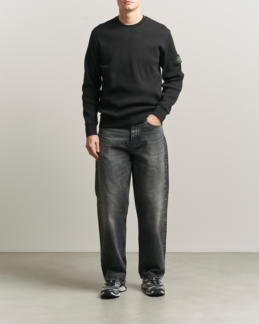 Men | Sweaters & Knitwear | Stone Island | Organic Cotton Waffle Fleece Sweatshirt Black