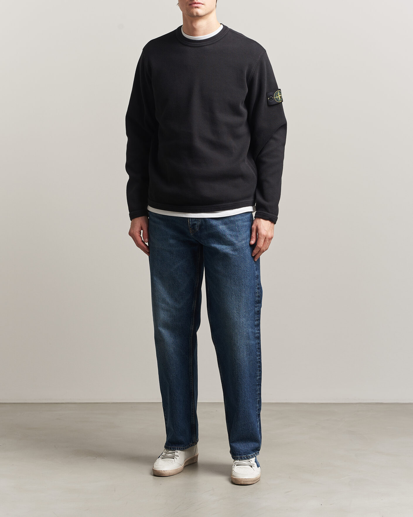 Men | Sweaters & Knitwear | Stone Island | Mesh Stitch Organic Cotton Fleece Crewneck Black