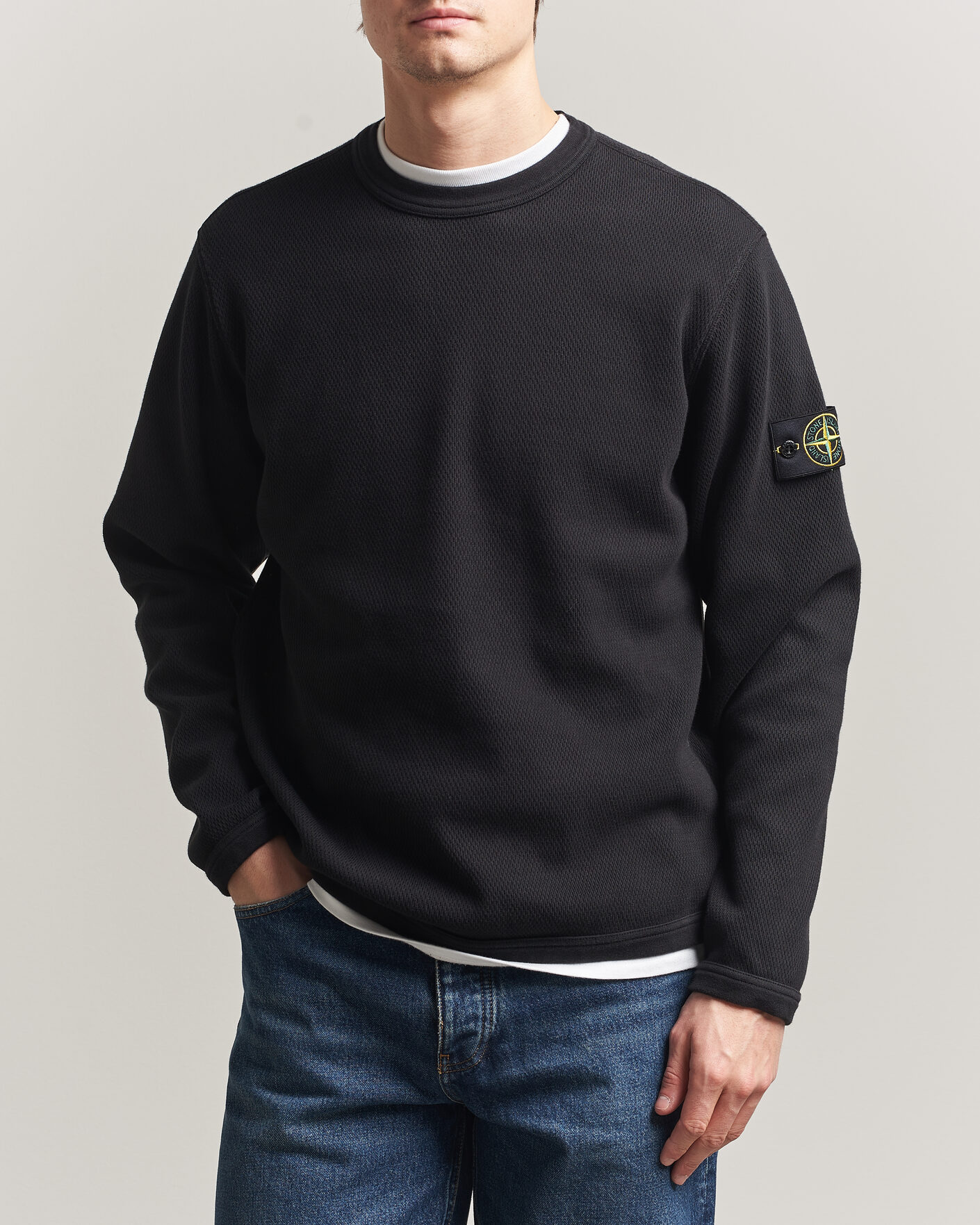 Men | Sweaters & Knitwear | Stone Island | Mesh Stitch Organic Cotton Fleece Crewneck Black