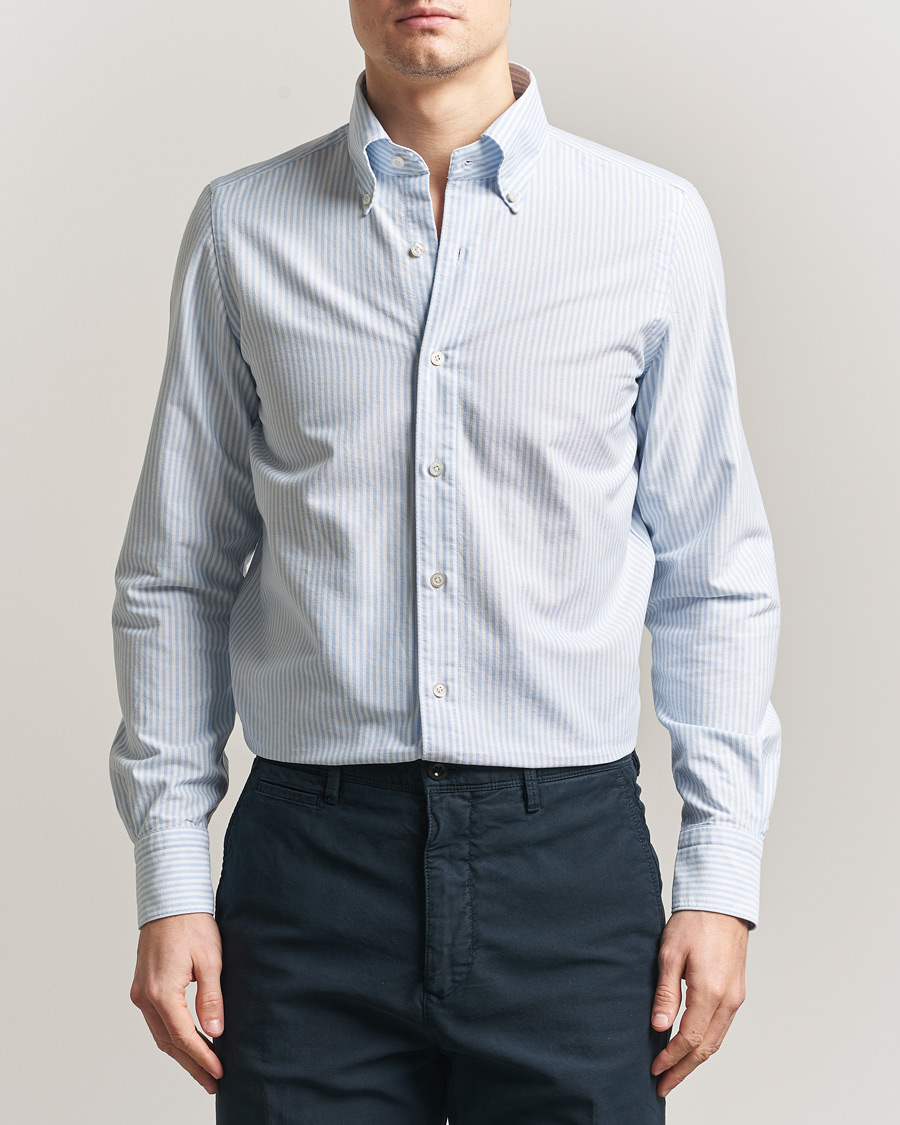 【イタリア製】Finamore napoli イタリアンカラー　開襟シャツ　17 Finamore Napoli Gaeta Oxford Button Down Shirt Light Blue Stripe