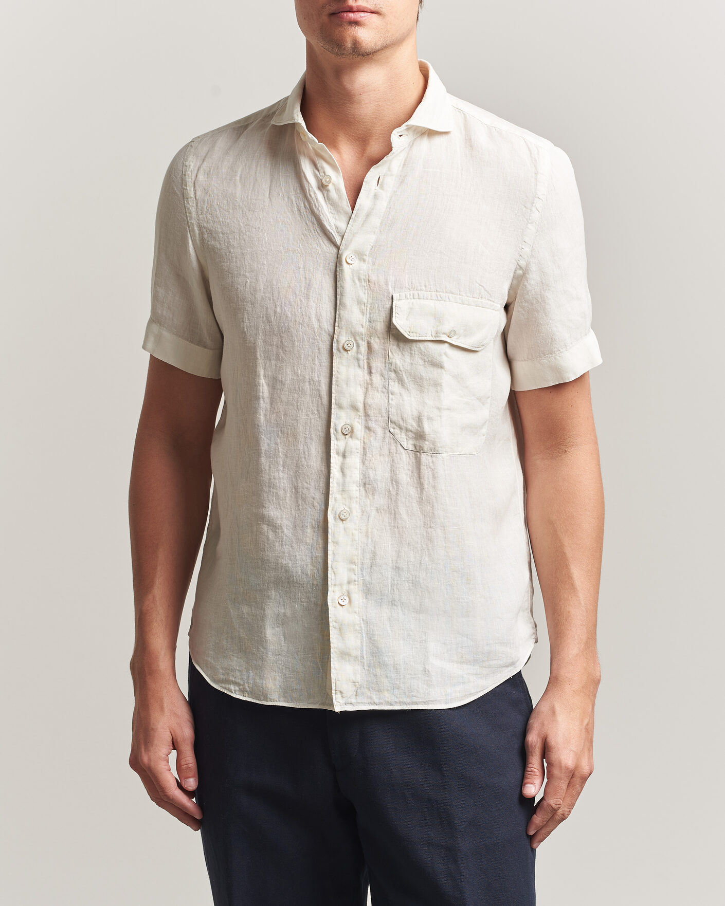 Finamore Napoli Linen Short Sleeve Sport Shirt Off White at