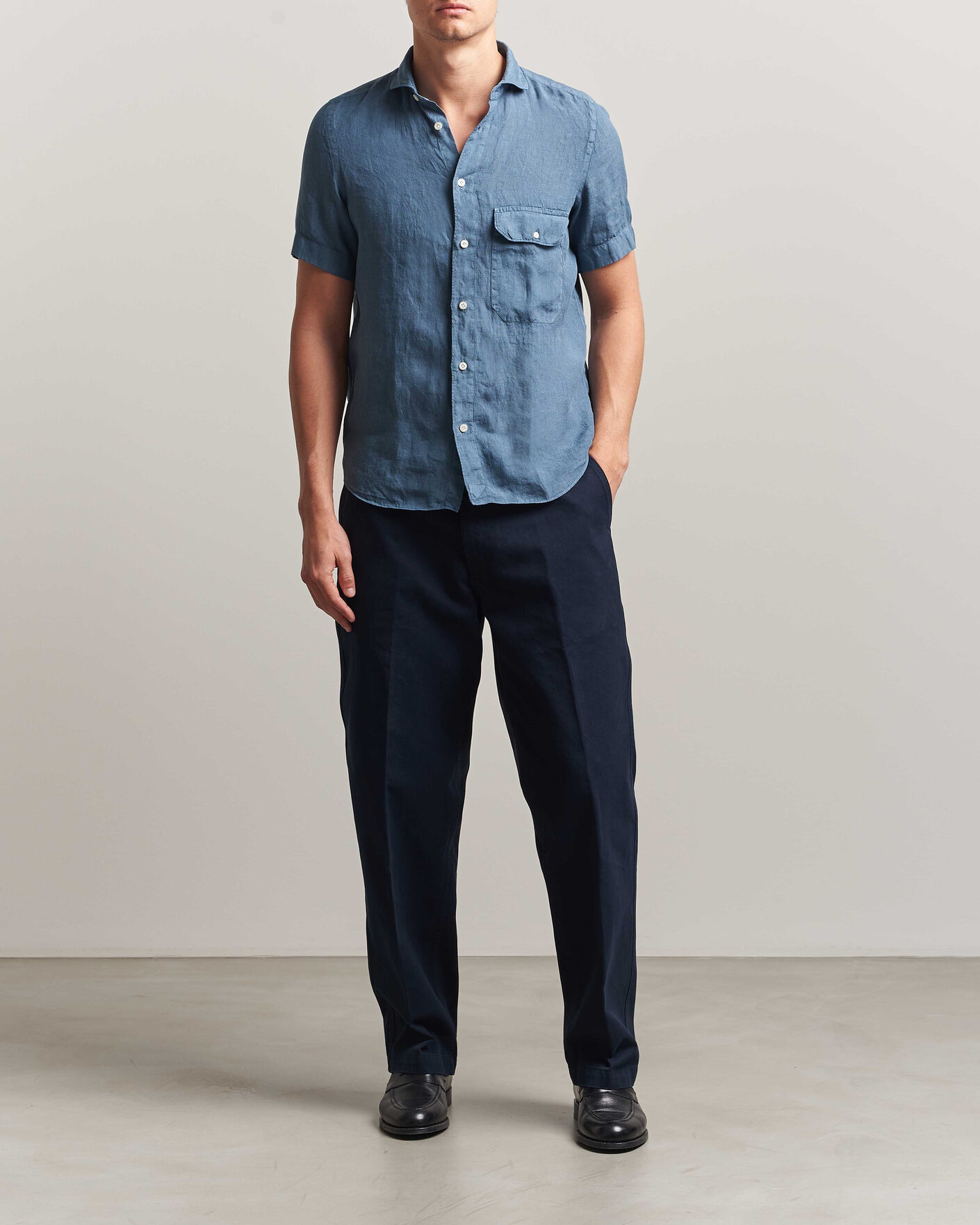 Finamore Napoli Linen Short Sleeve Sport Shirt Dark Blue at