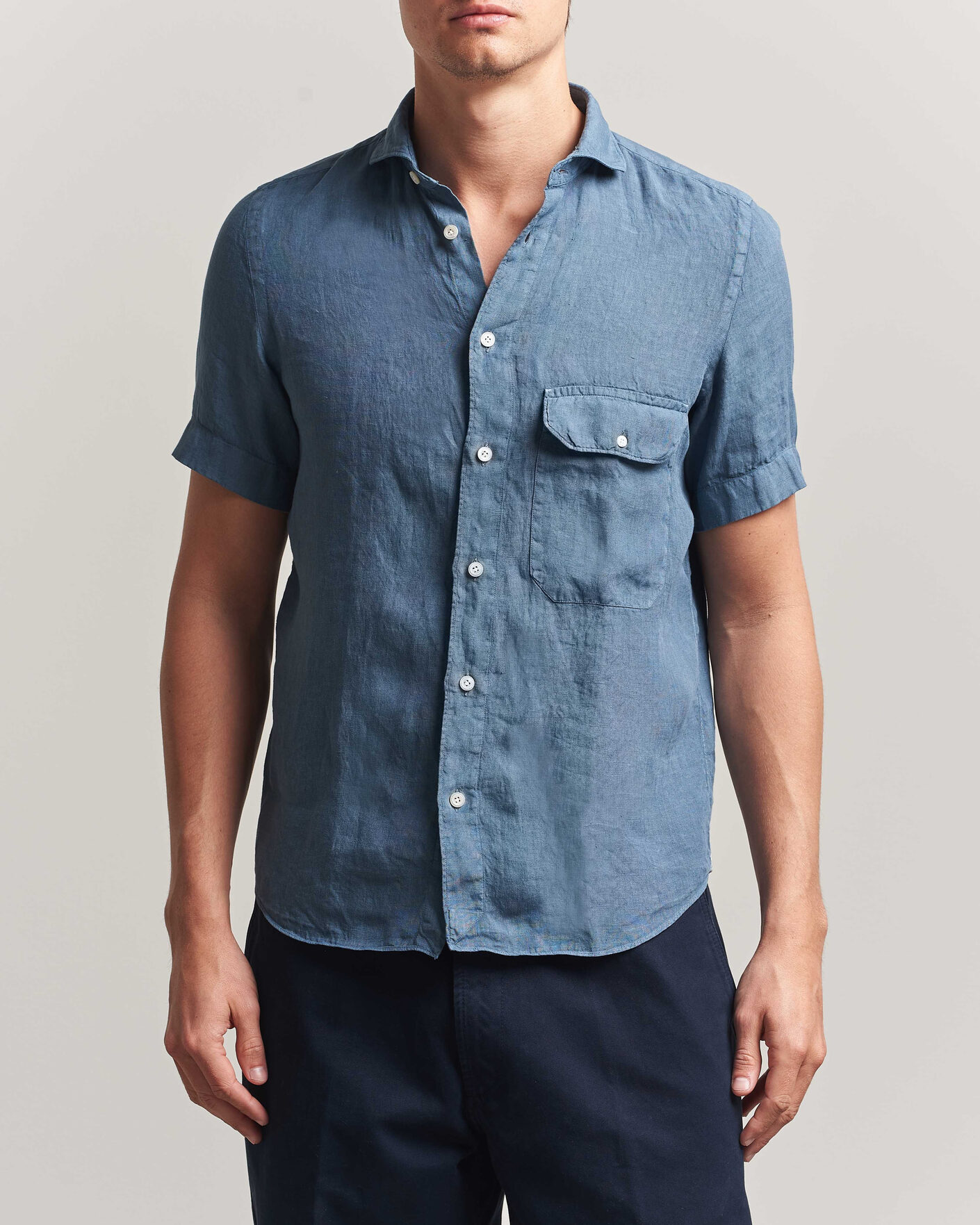 Finamore Napoli Linen Short Sleeve Sport Shirt Dark Blue at