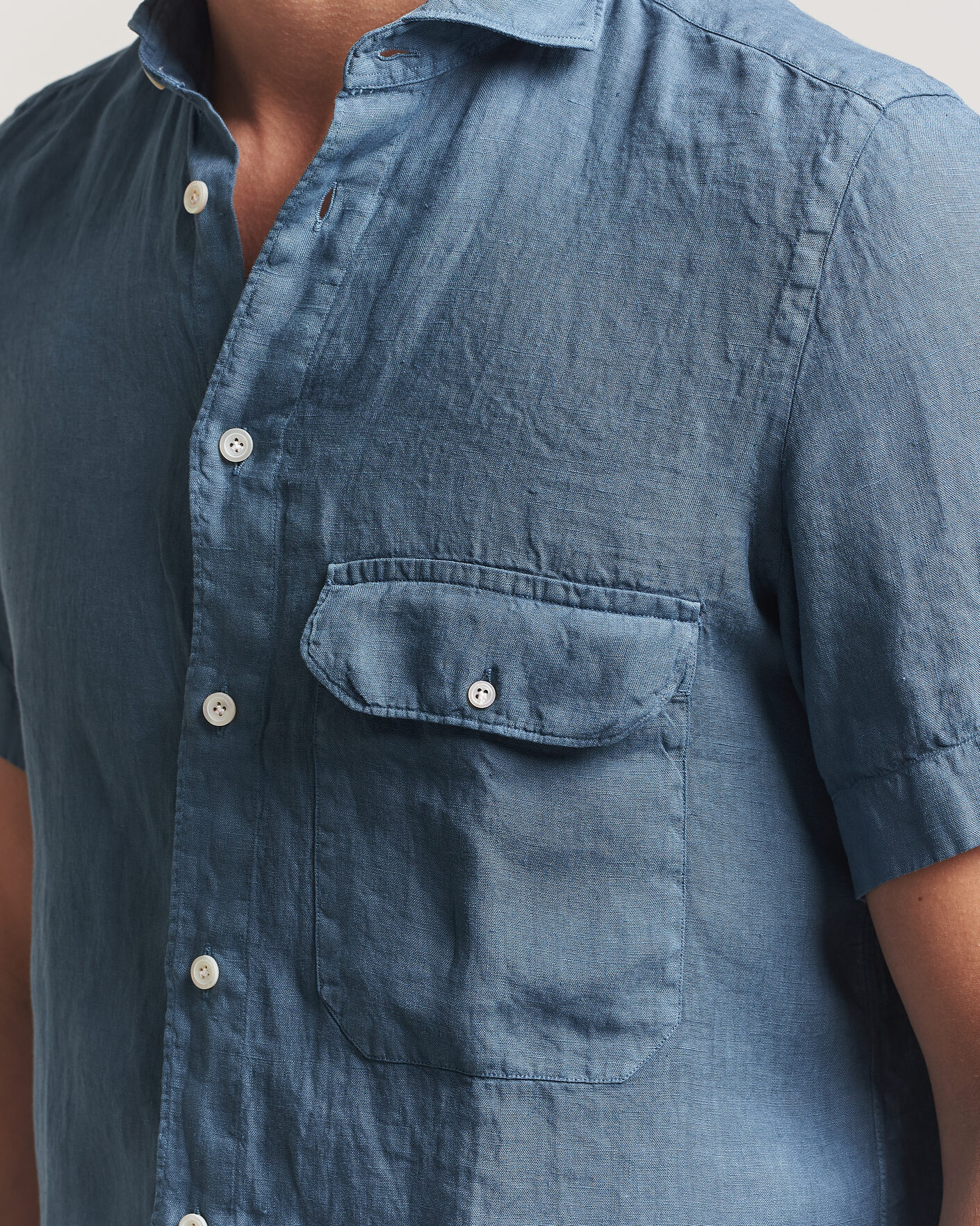 Men | Shirts | Finamore Napoli | Linen Short Sleeve Sport Shirt Dark Blue