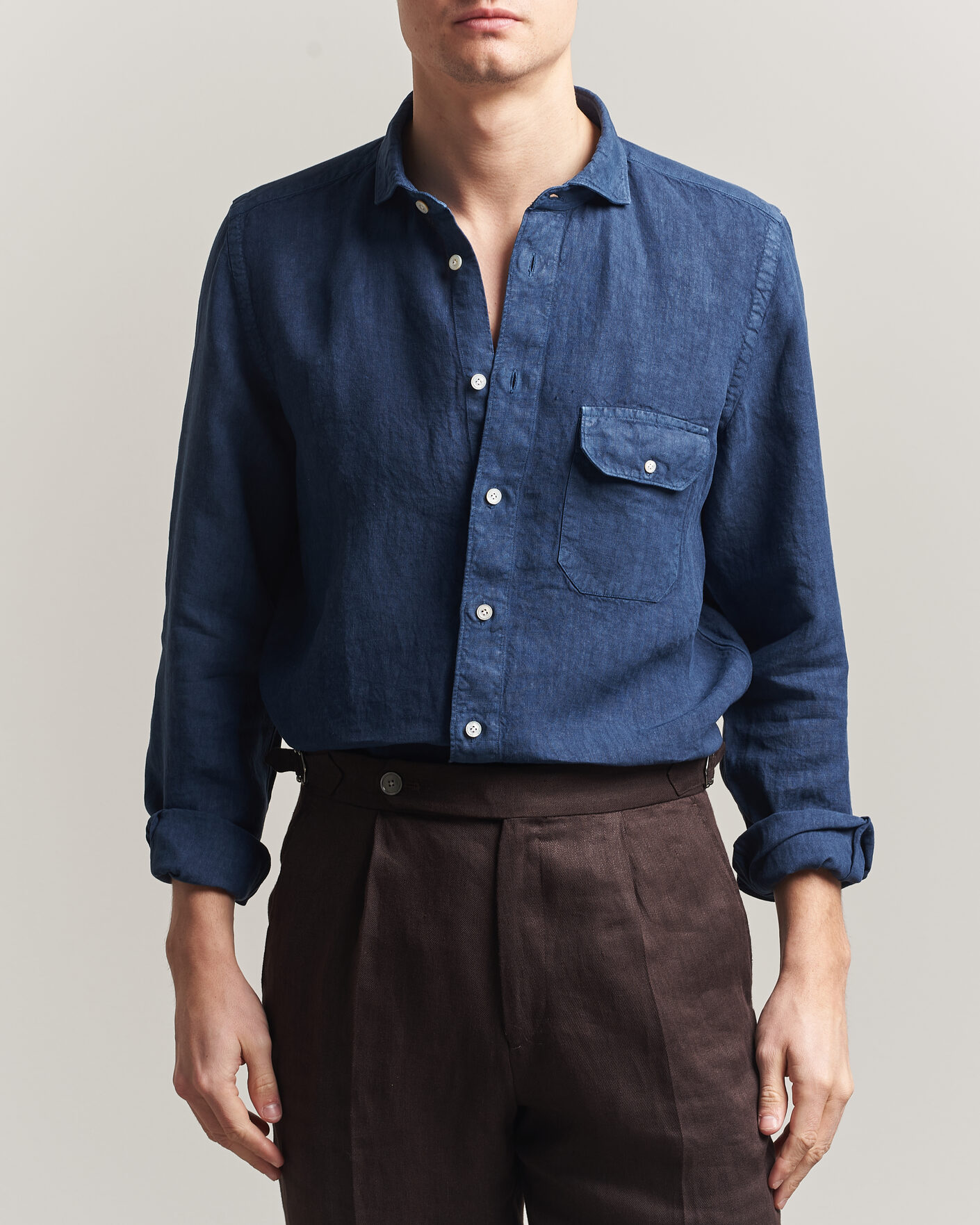 Men | Shirts | Finamore Napoli | Salina Garment Dyed Linen Overshirt Navy
