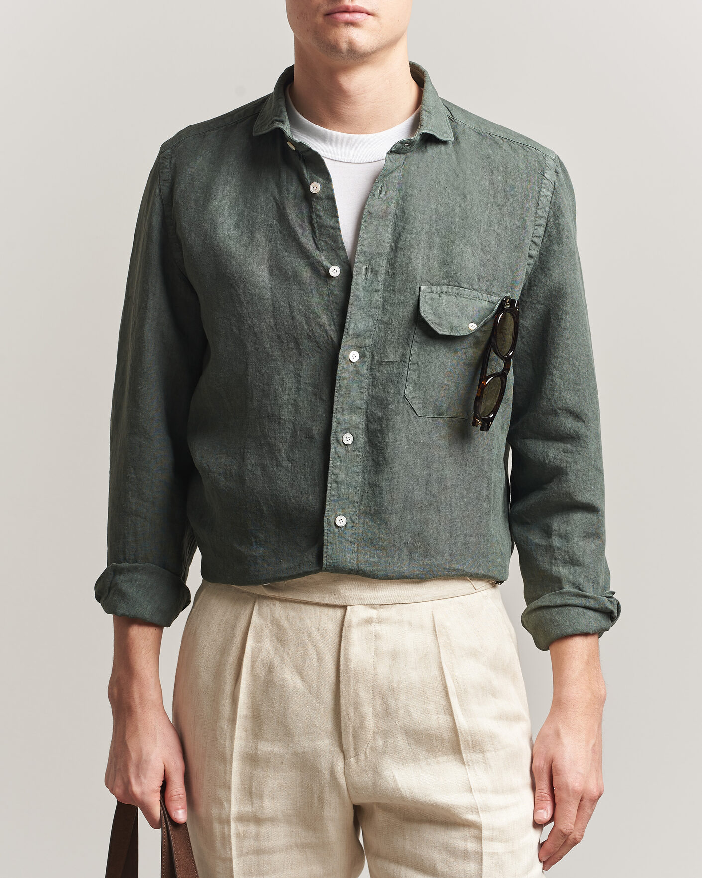 Finamore Napoli Salina Garment Dyed Linen Overshirt Dark Green at