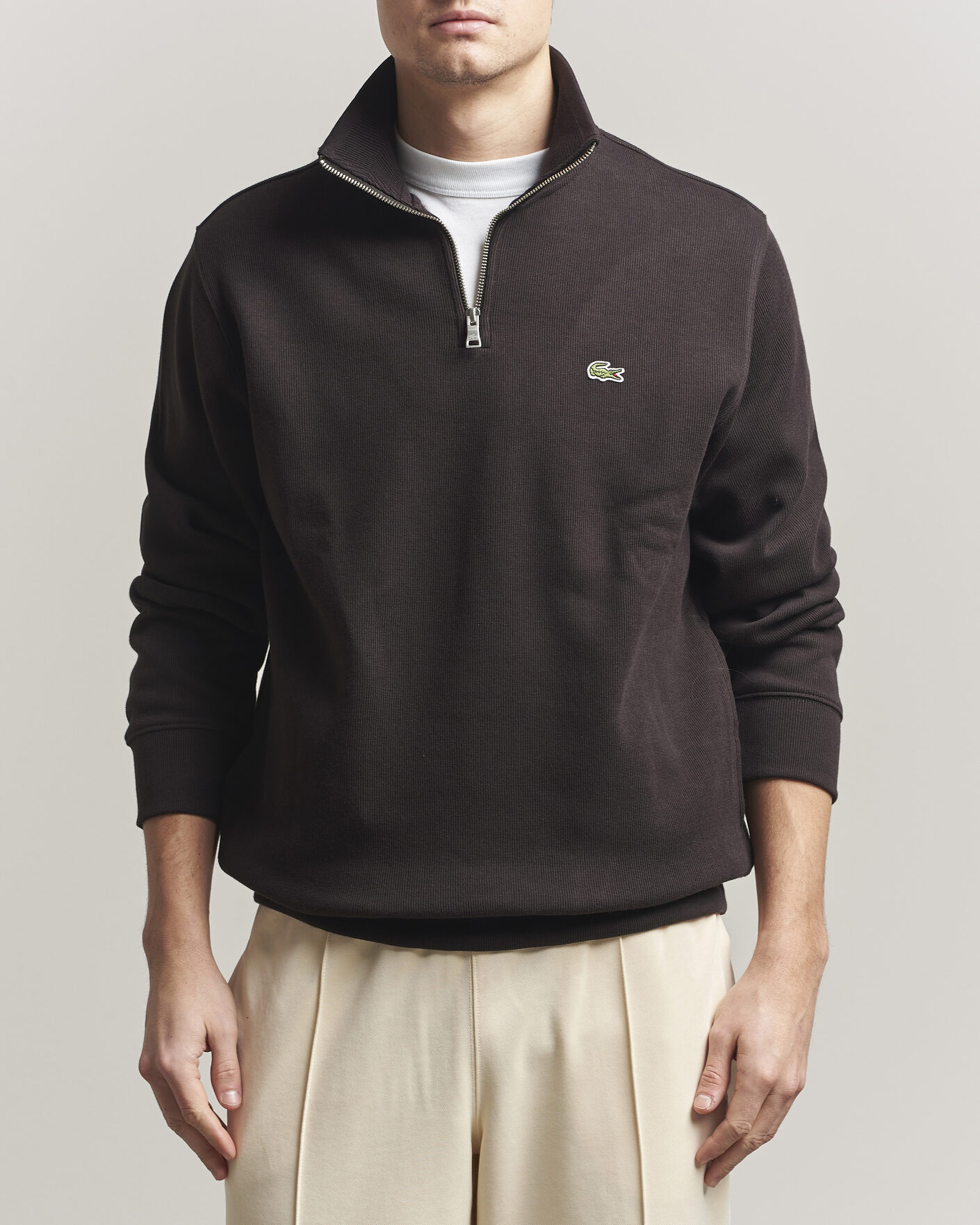 Men | Sweaters & Knitwear | Lacoste | Rib Interlock Half Zip Buffle Brown