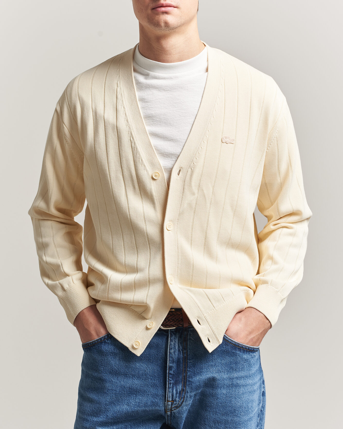 Men | Sweaters & Knitwear | Lacoste | Cotton Structured Knitted Cardigan Naturel Clair