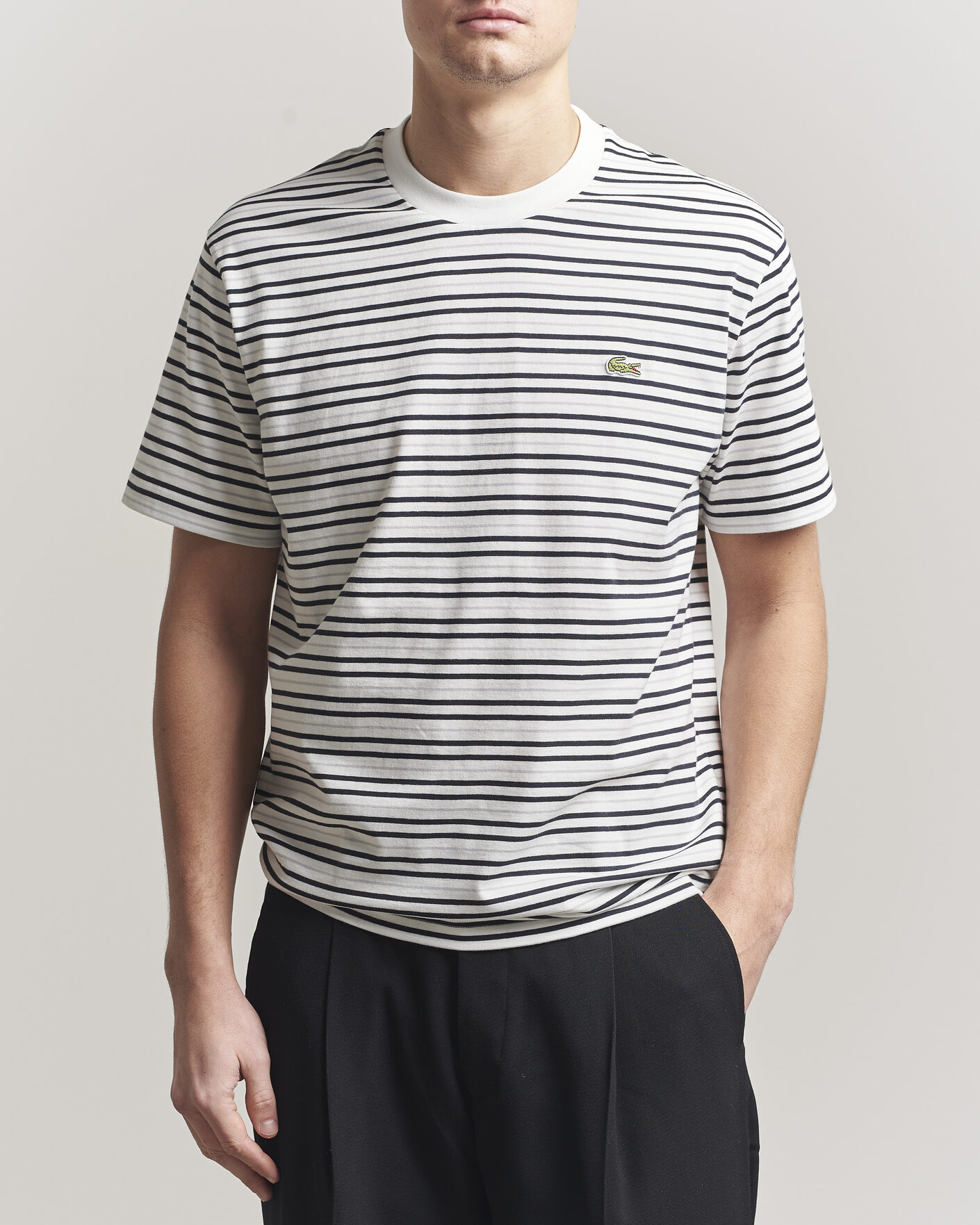 Men | T-Shirts | Lacoste | Cotton Striped T-Shirt Blackbird/Flour