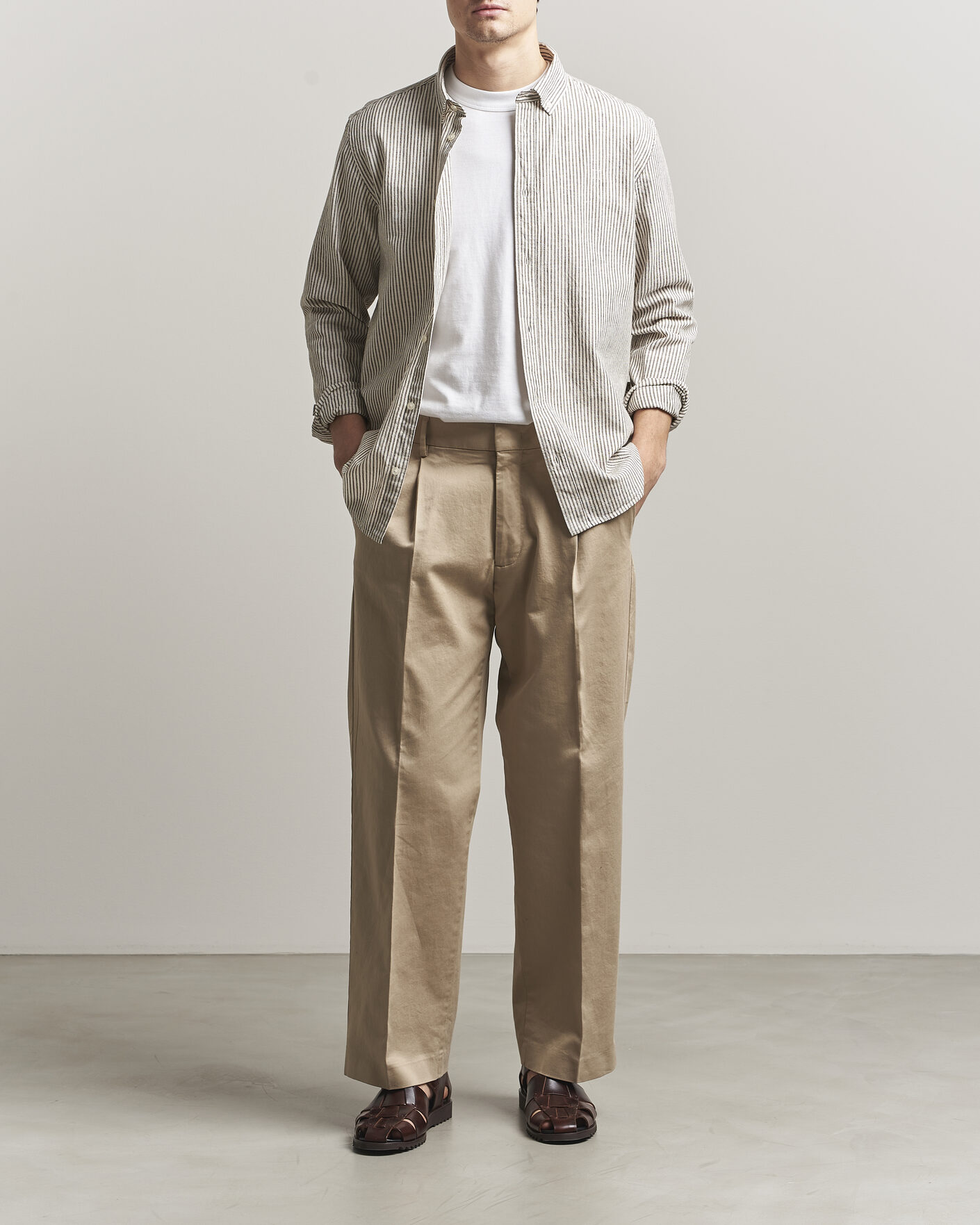Men | Shirts | LES DEUX | Konrad Striped Cotton/Linen Shirt Teak Brown