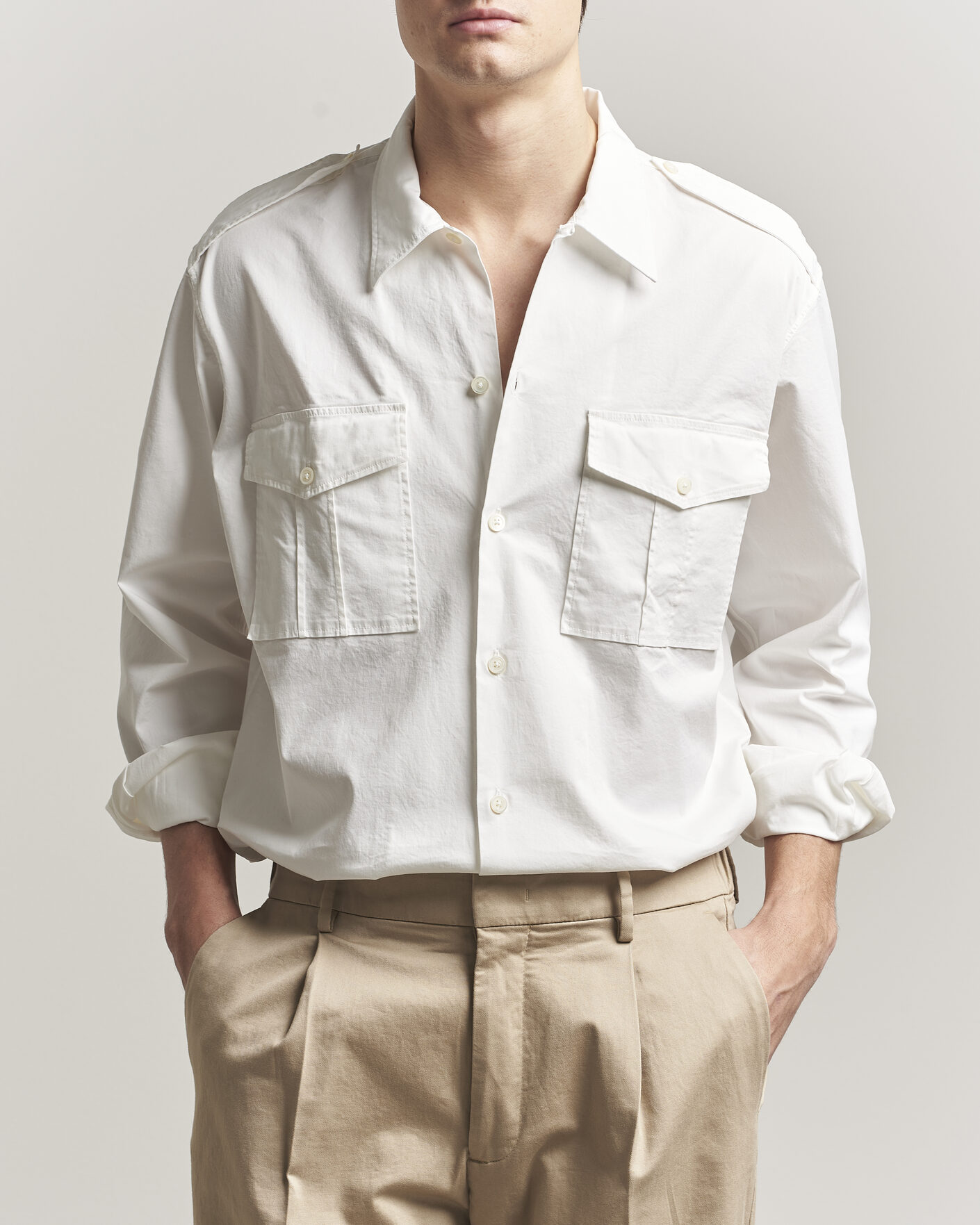 Massimo Alba Army Double Pocket Shirt White at CareOfCarl.com