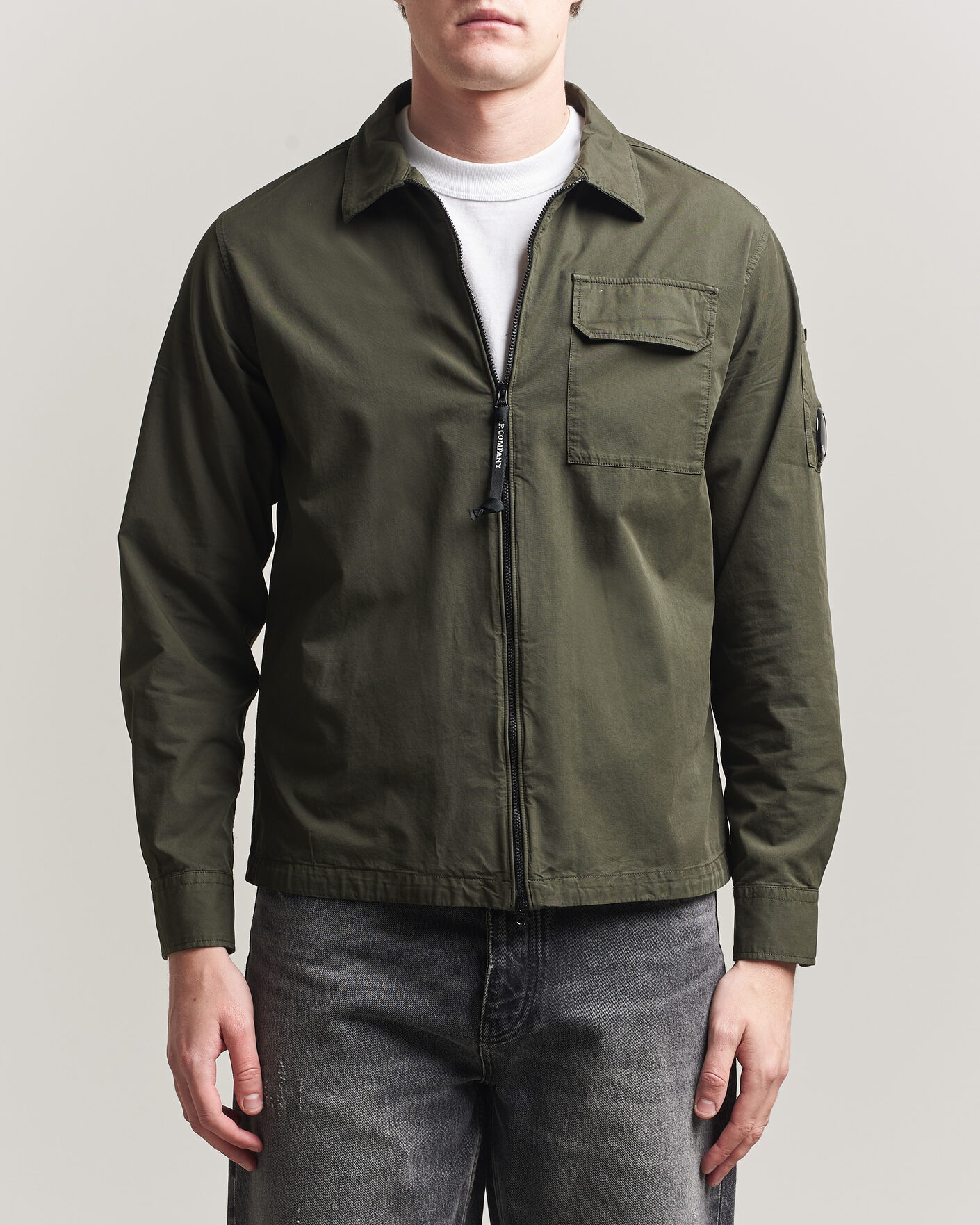 C.P. Company Garment Dyed Gabardine Zip Overshirt Dark Green at