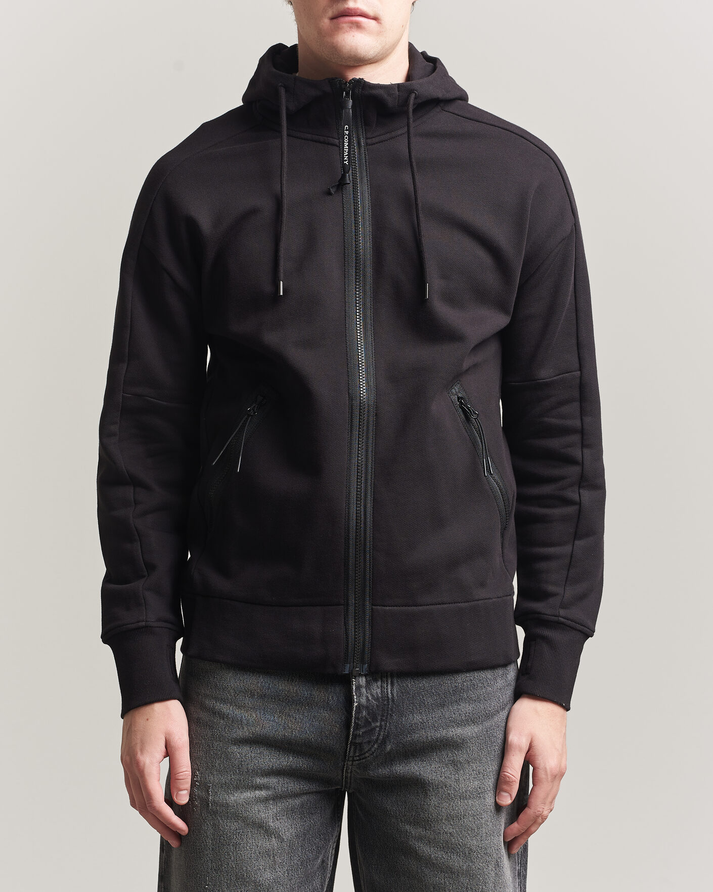 Men | Sweaters & Knitwear | C.P. Company | Diagonal Raised Fleece Full Zip Goggle Hoodie Black