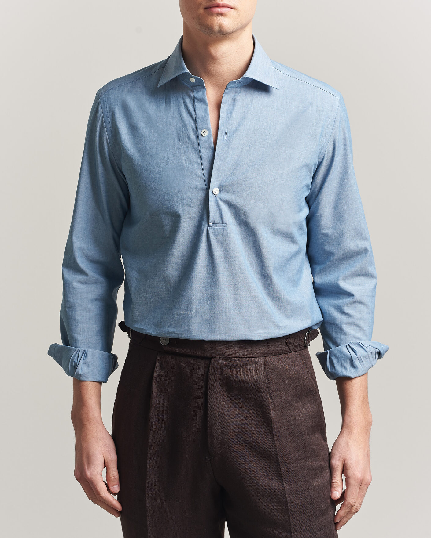 Men | Shirts | Mazzarelli | Soft Cotton Denim Popover Shirt Blue