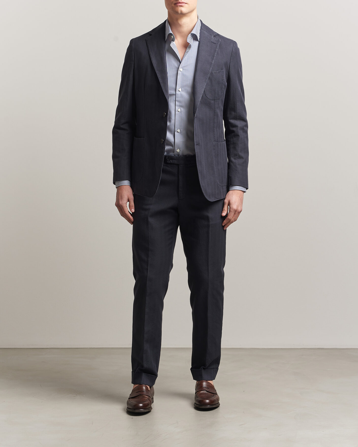 Men | Trousers | Morris | Jack Herringbone Cotton Trousers Blue