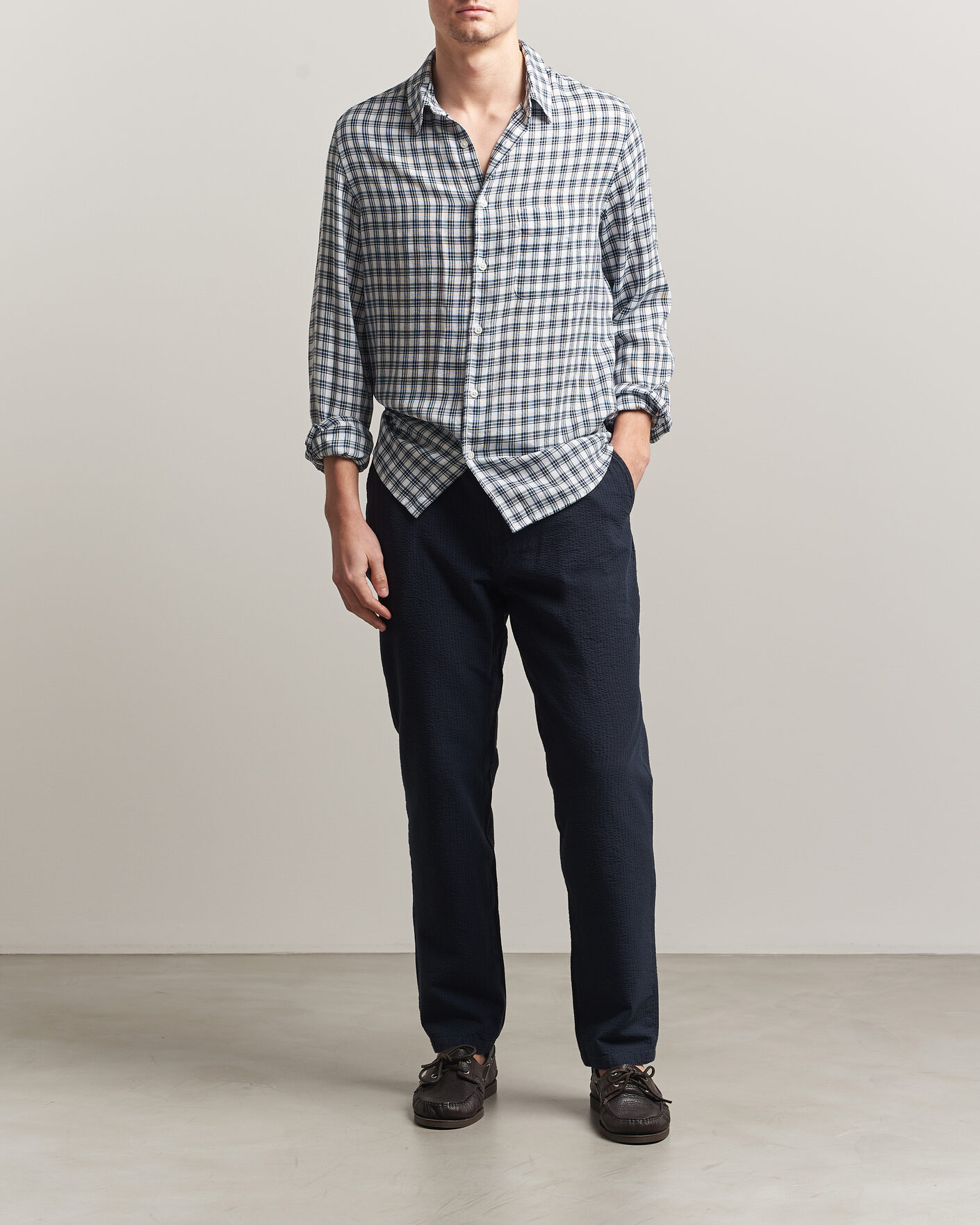 Men | Trousers | Morris | Fenix Seersucker Trousers Dark Blue