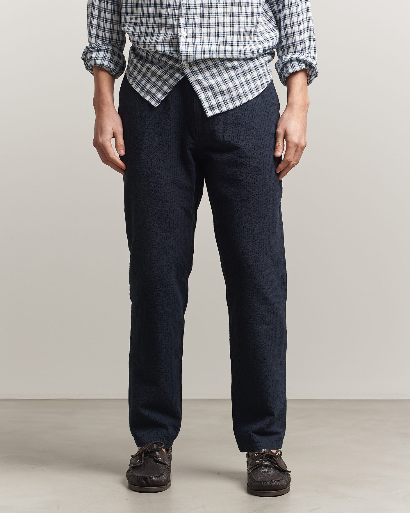 Men | Trousers | Morris | Fenix Seersucker Trousers Dark Blue