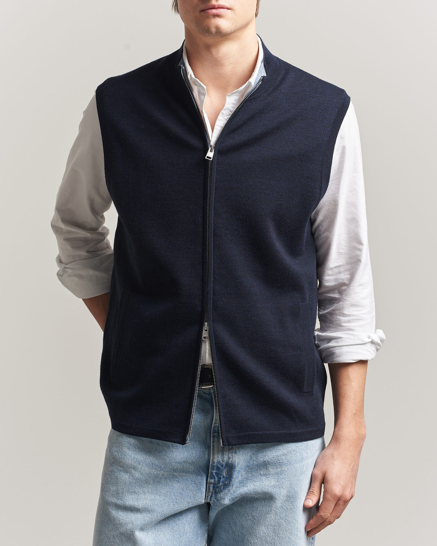 Morris Merino Double Zip Vest Navy at CareOfCarl.com