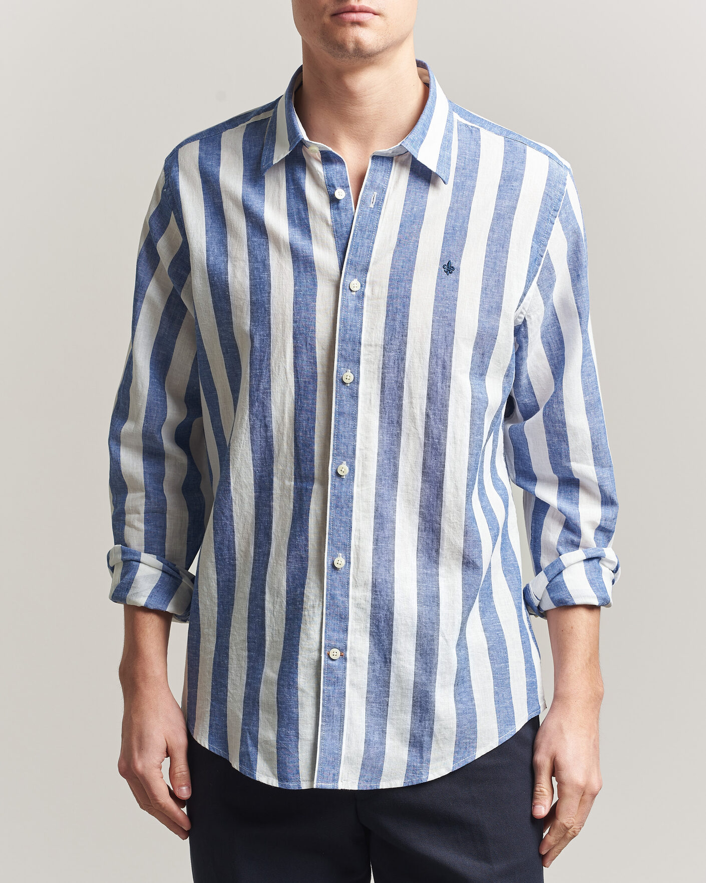 Men | Shirts | Morris | Douglas Linen Striped Shirt Blue/White