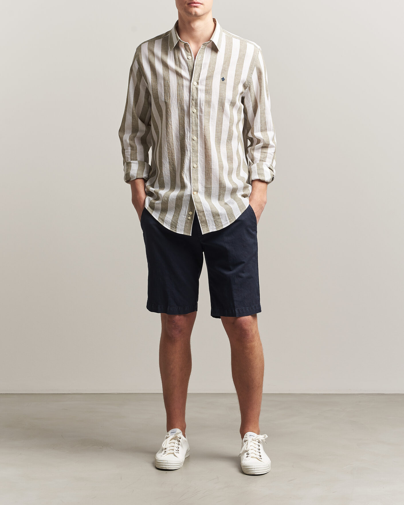 Men | Shirts | Morris | Douglas Linen Striped Shirt Green/White