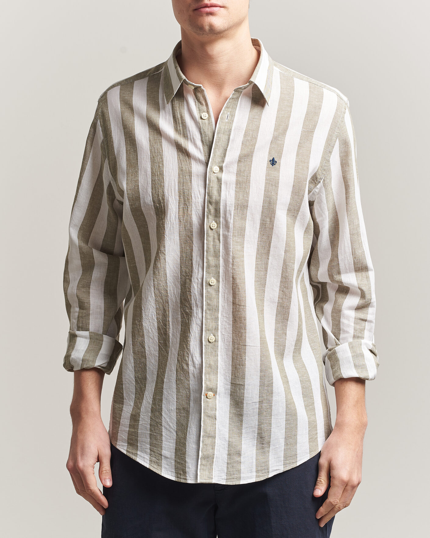 Men | Shirts | Morris | Douglas Linen Striped Shirt Green/White