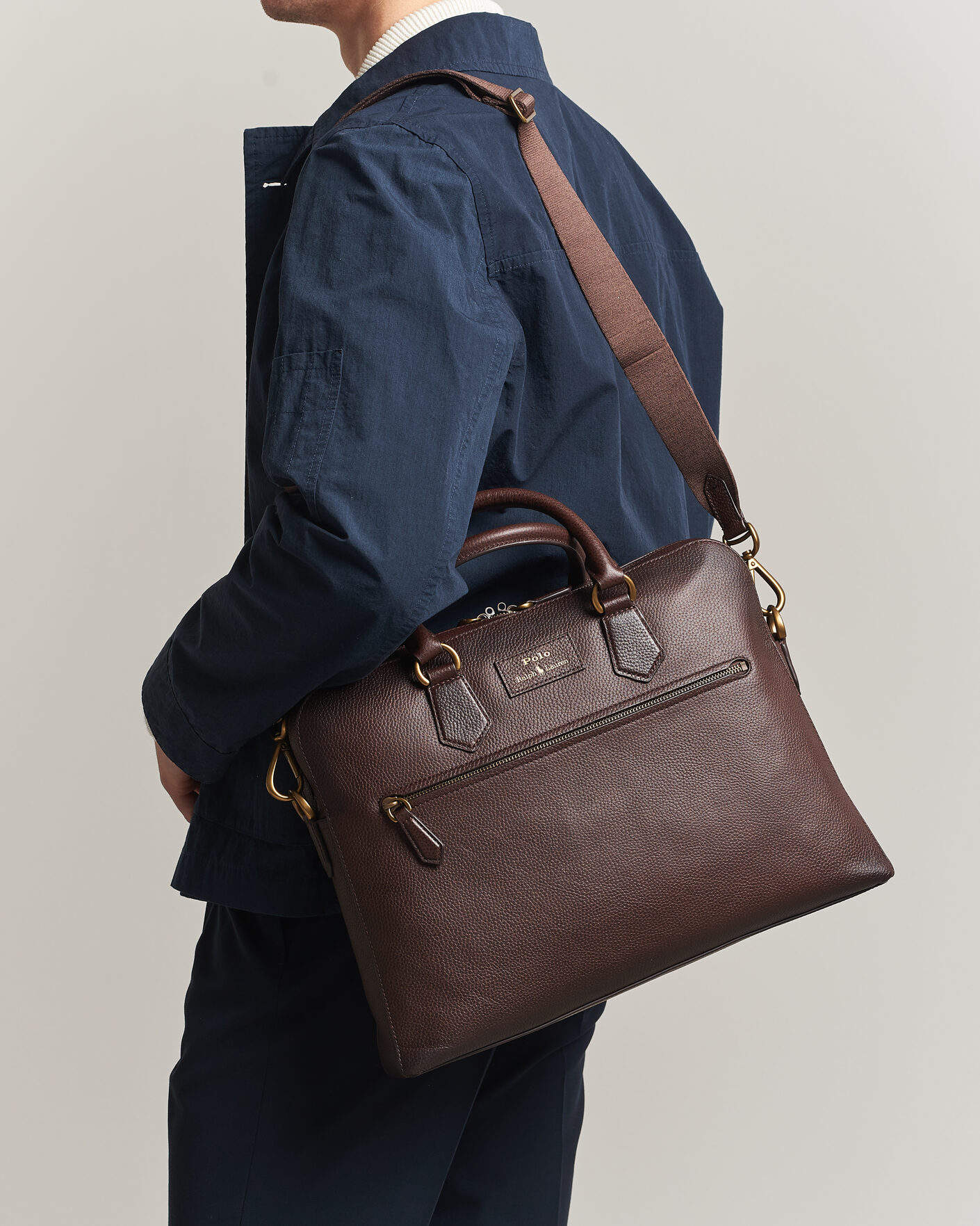 Polo Ralph Lauren Pebble Leather Messenger Bag Dark Brown at