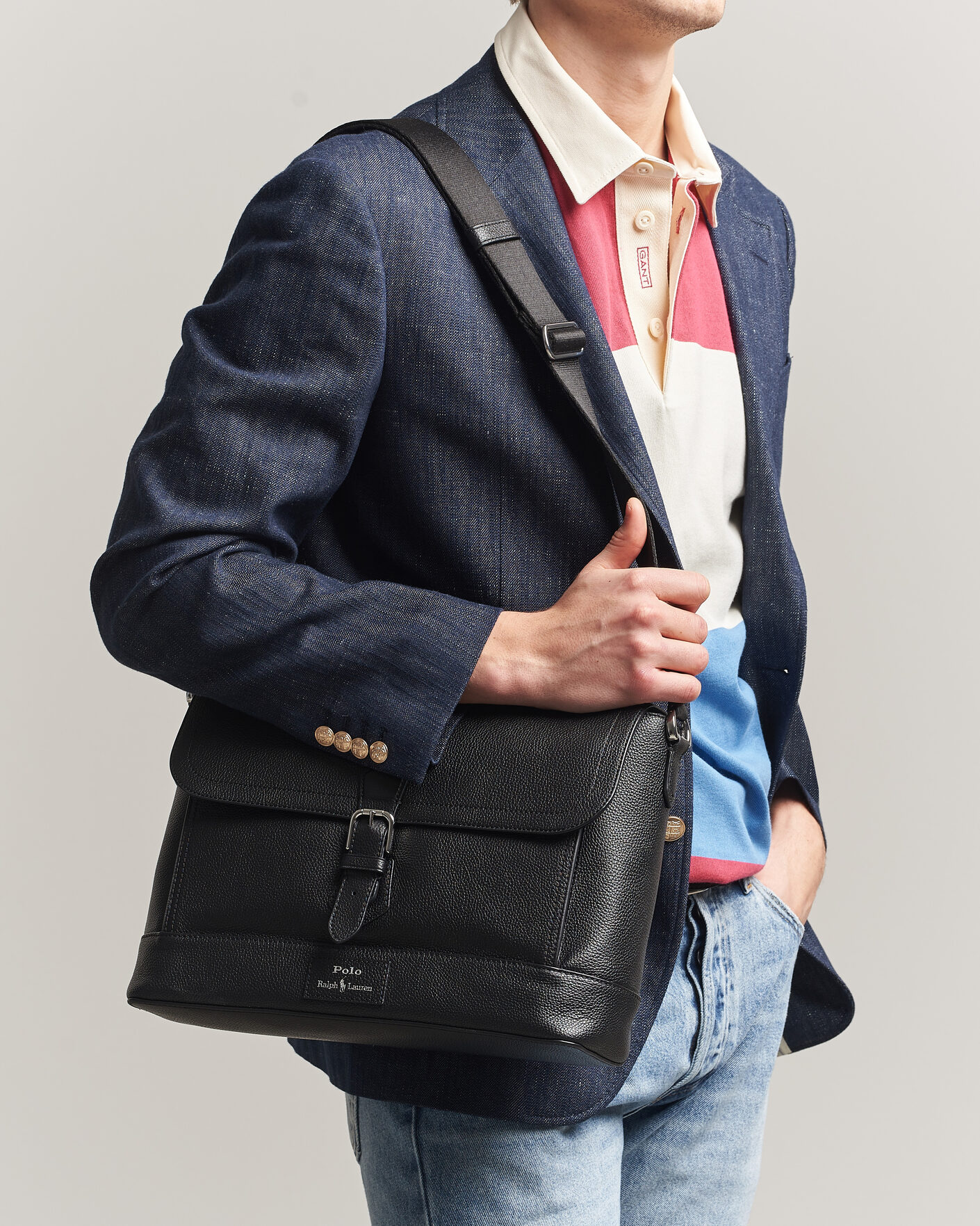 Polo Ralph Lauren Pebble Leather Messenger Bag Black at CareOfCarl.com
