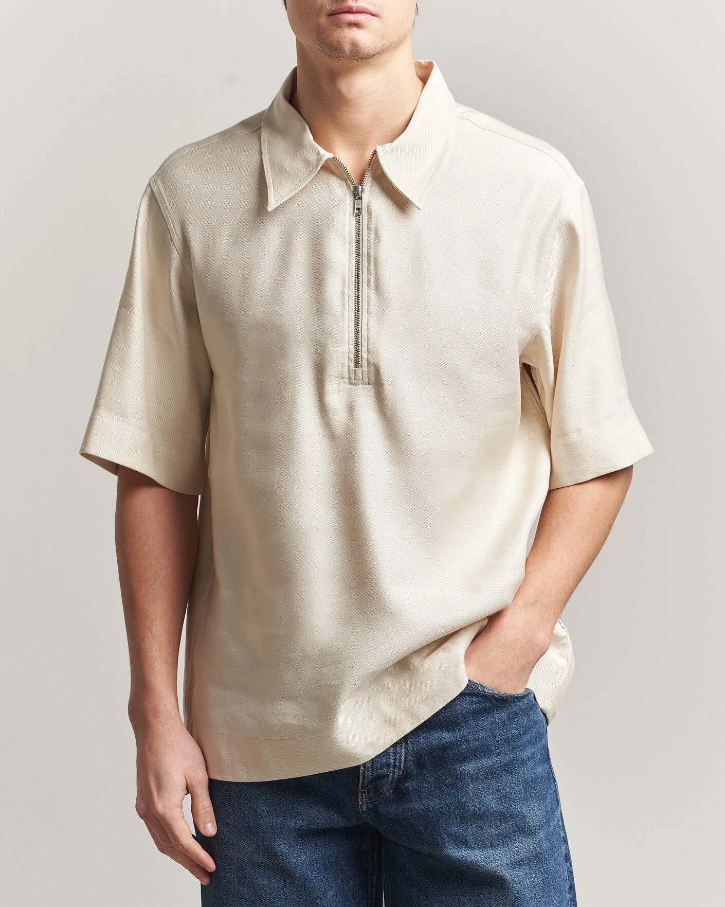 Men | Polo Shirts | NN07 | Bruno Linen/Viscose Half Zip Polo Ivory